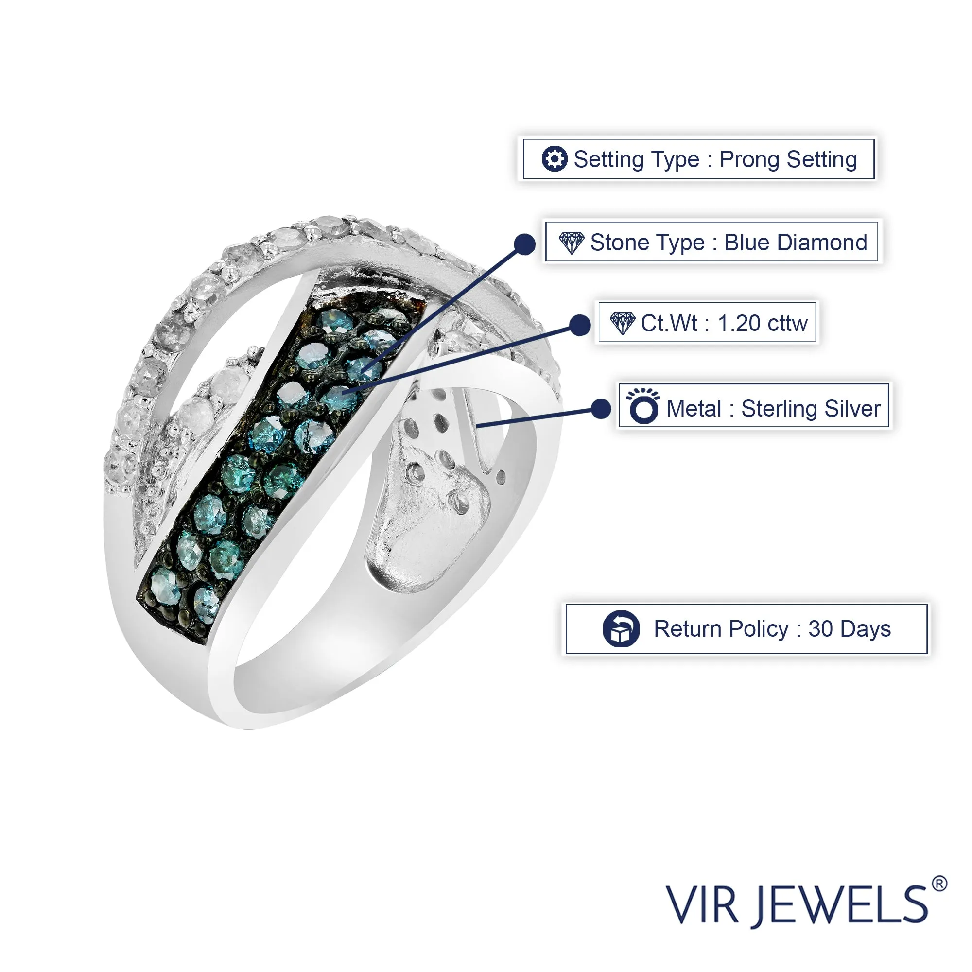 1.20 cttw Blue and White Diamond Statement Ring in Sterling Silver
