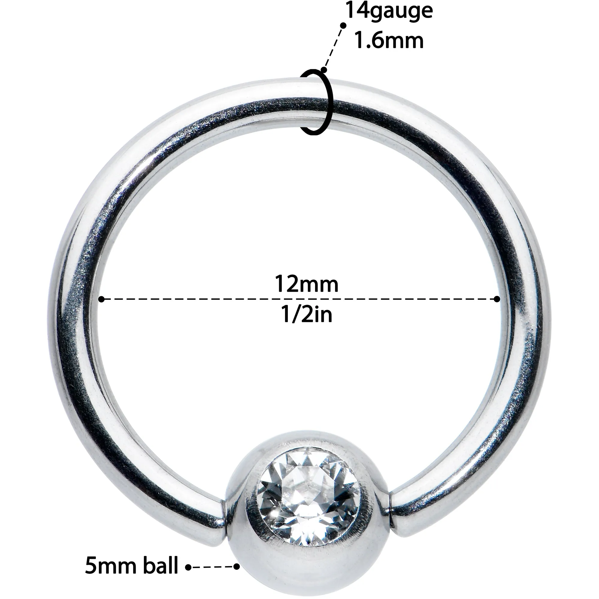 14 Gauge 1/2 Clear Gem BCR Captive Bead Ring