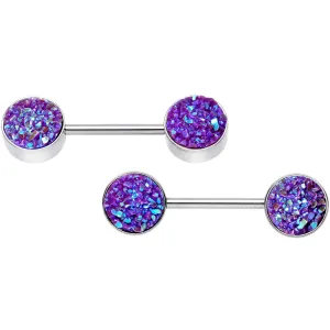 14 Gauge 9/16 Purple Synthetic Druzy Paradise Barbell Nipple Ring Set