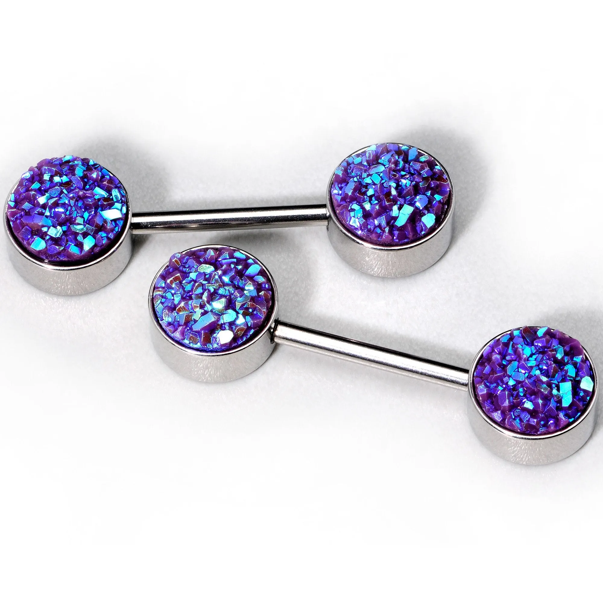 14 Gauge 9/16 Purple Synthetic Druzy Paradise Barbell Nipple Ring Set