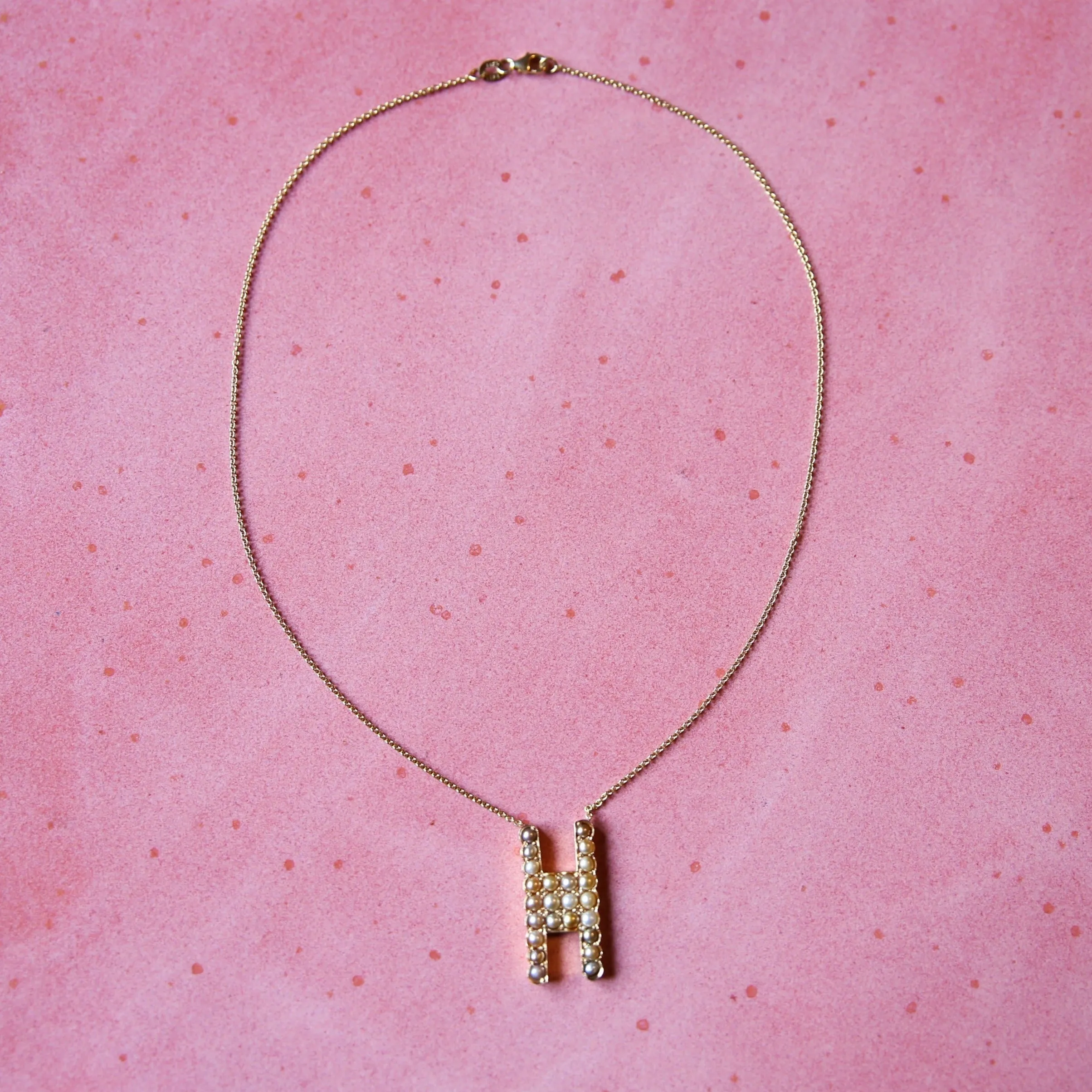 14k Gold Natural Pearl H Initial Necklace