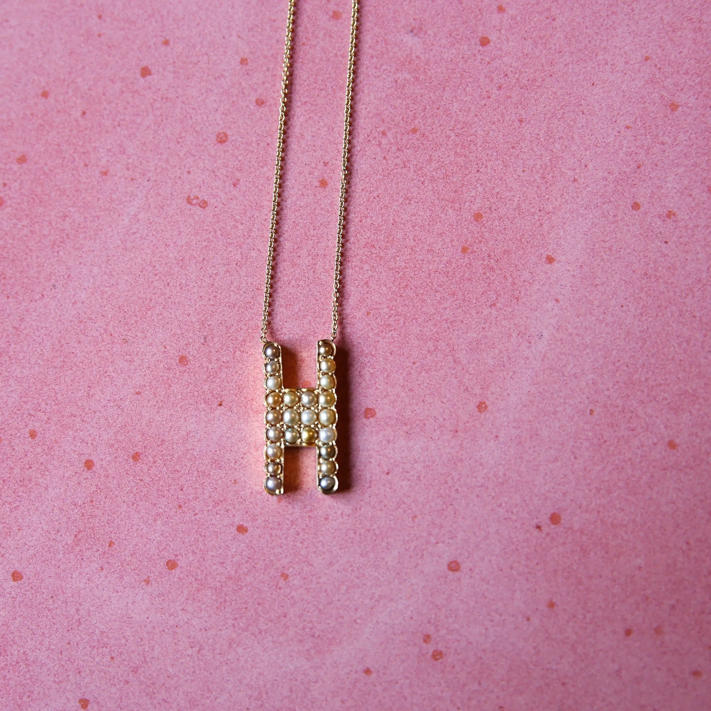 14k Gold Natural Pearl H Initial Necklace