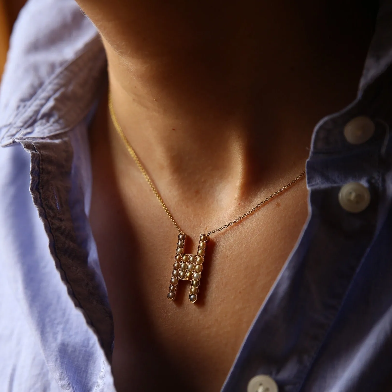 14k Gold Natural Pearl H Initial Necklace
