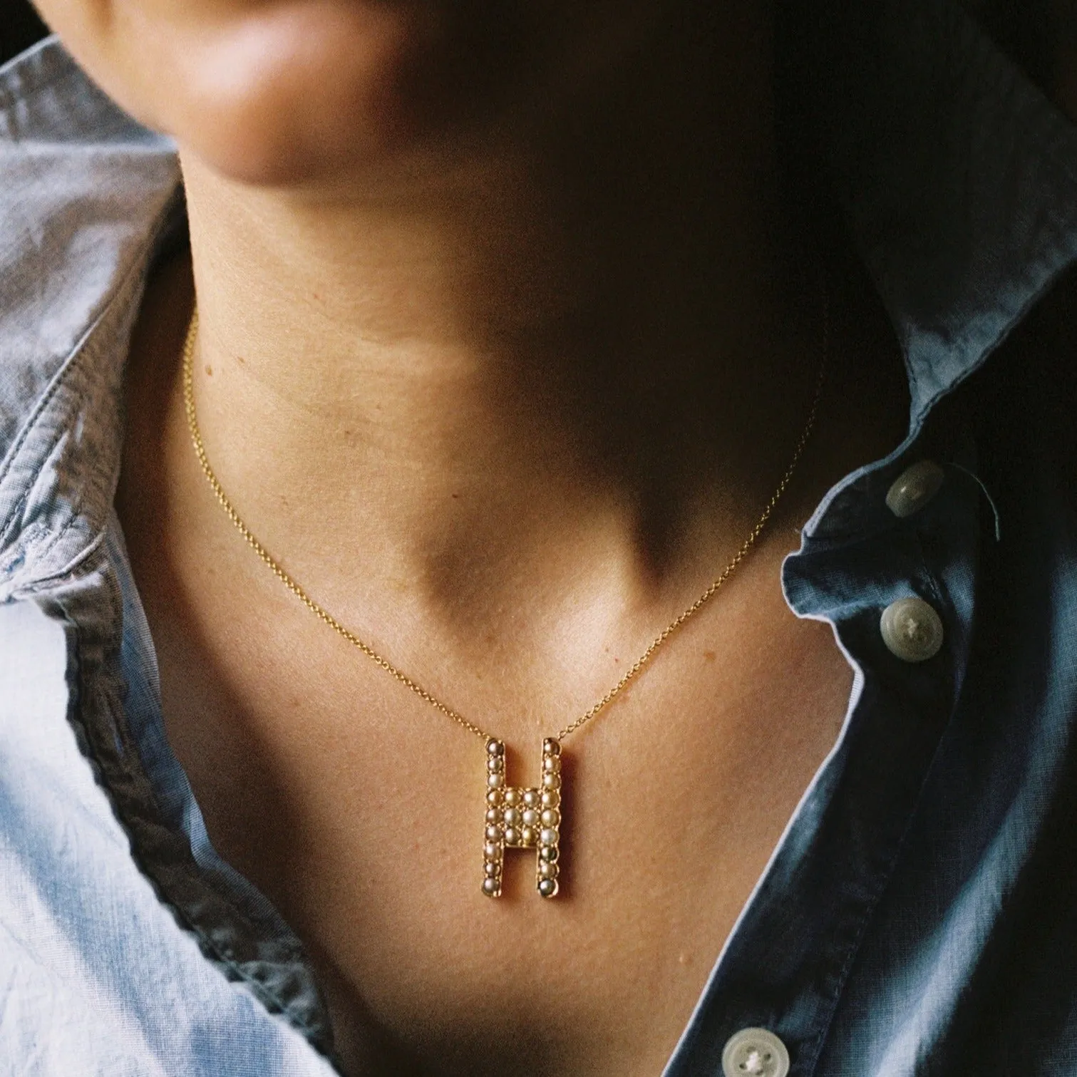 14k Gold Natural Pearl H Initial Necklace