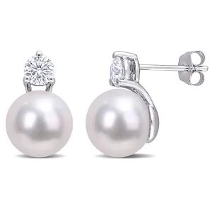 14K White Gold Freshwater Pearl and Moissanite Earrings