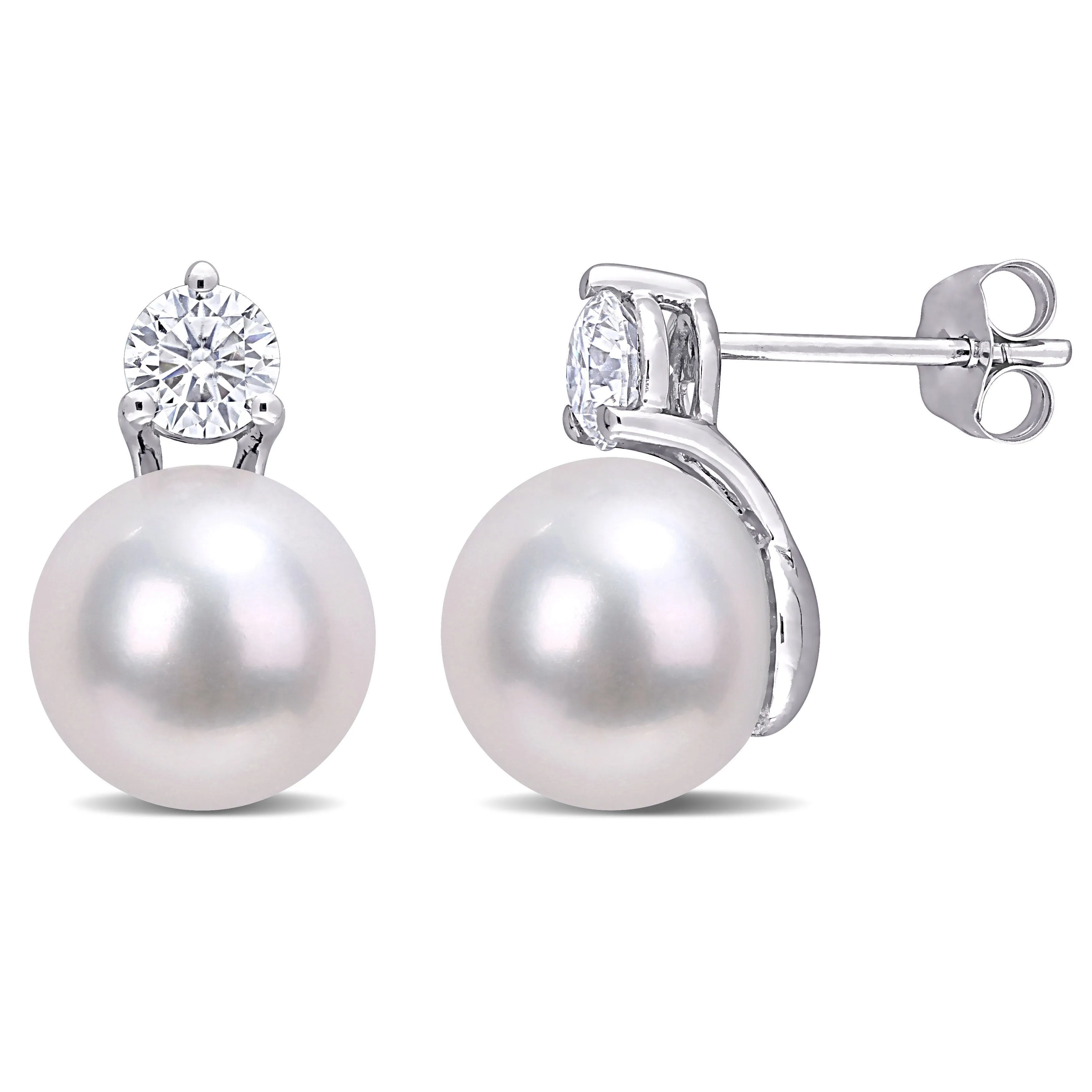 14K White Gold Freshwater Pearl and Moissanite Earrings