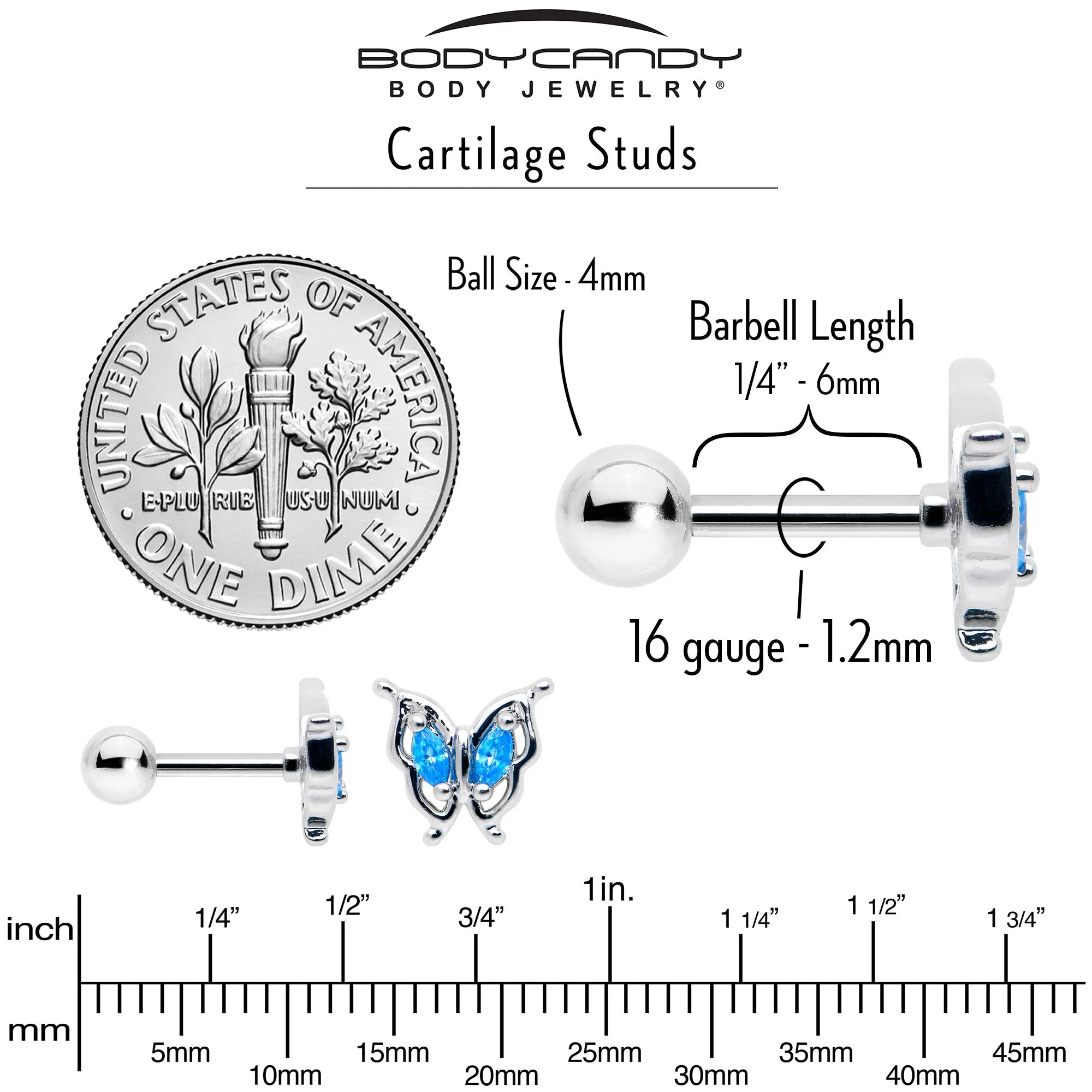 16 Gauge 1/4 Blue Gem Fancy Fab Butterfly Cartilage Tragus Earring