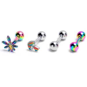 16 Gauge 1/4 Rainbow Pot Leaf Mushroom Cartilage Earring Curation Set of 4