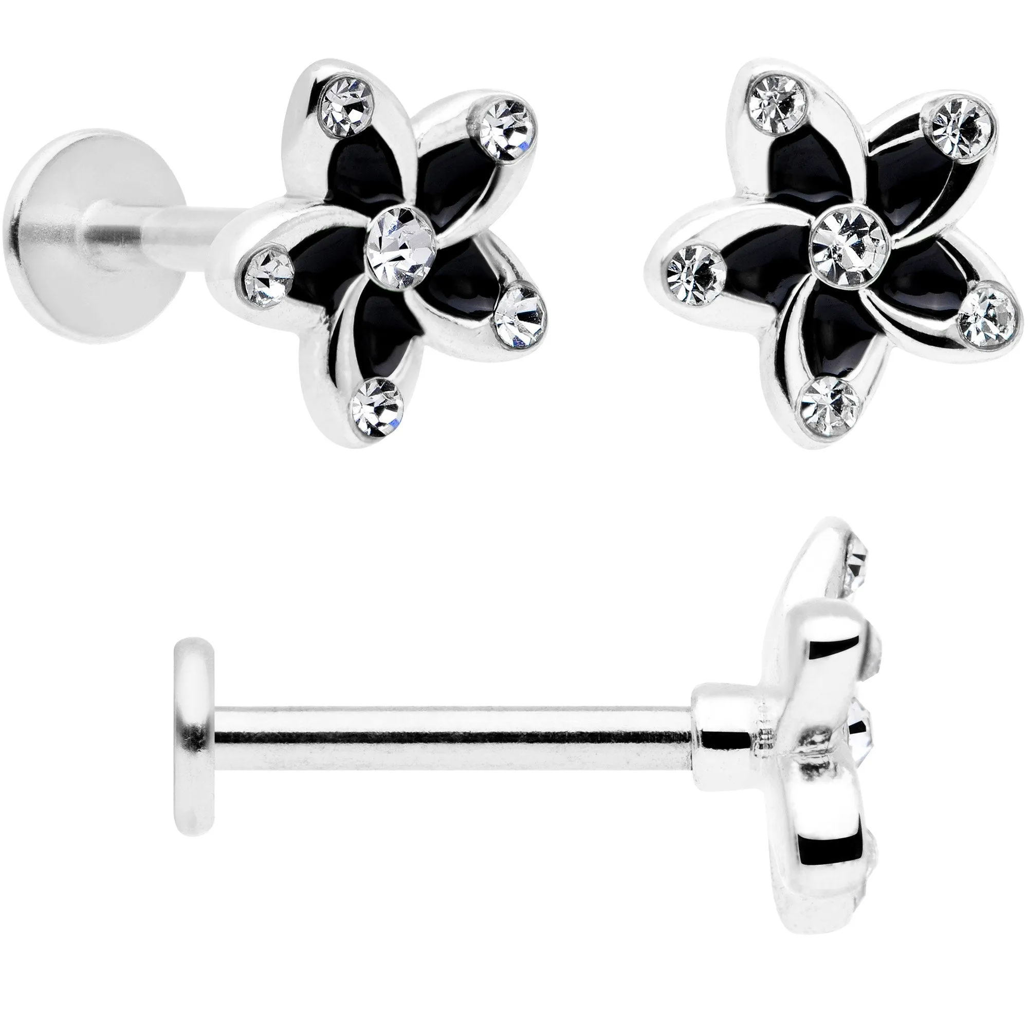 16 Gauge 5/16 Clear Gem Black Flower Labret Set of 3