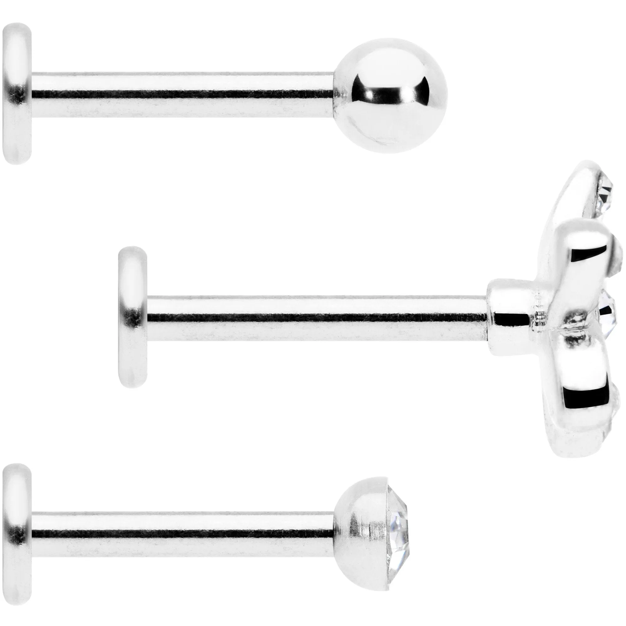 16 Gauge 5/16 Clear Gem Black Flower Labret Set of 3