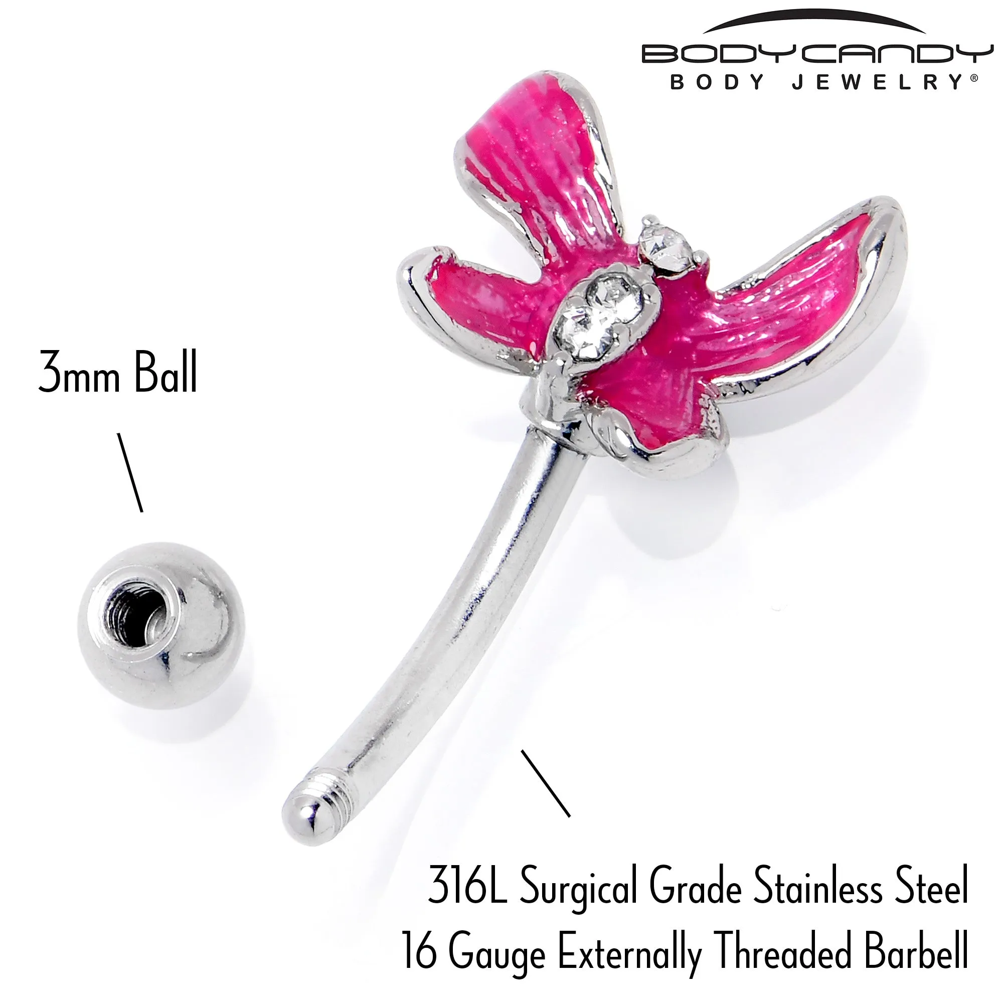 16 Gauge 5/16 Clear Gem Chunky Butterfly Pink Curved Eyebrow Ring