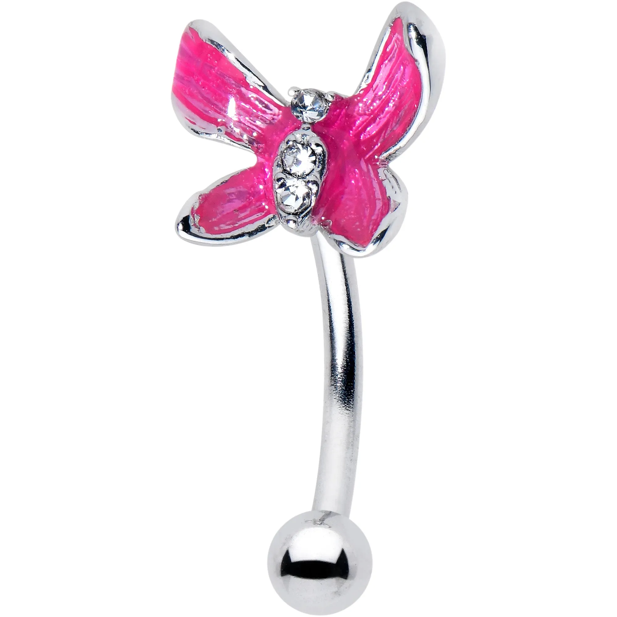 16 Gauge 5/16 Clear Gem Chunky Butterfly Pink Curved Eyebrow Ring
