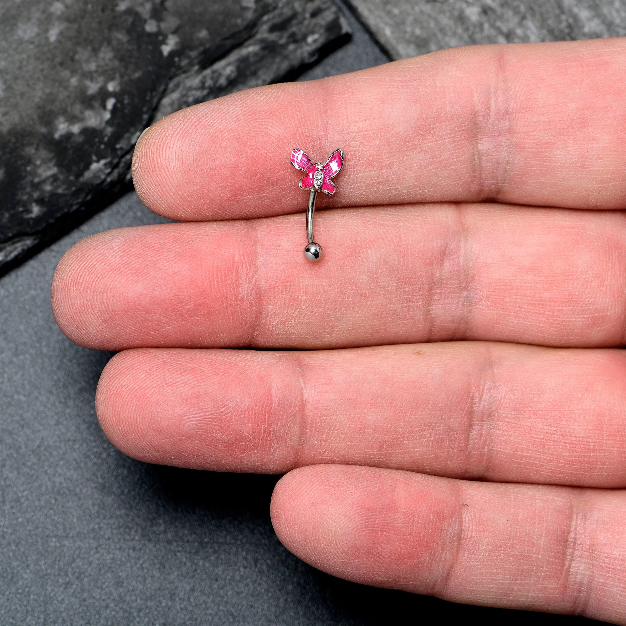 16 Gauge 5/16 Clear Gem Chunky Butterfly Pink Curved Eyebrow Ring