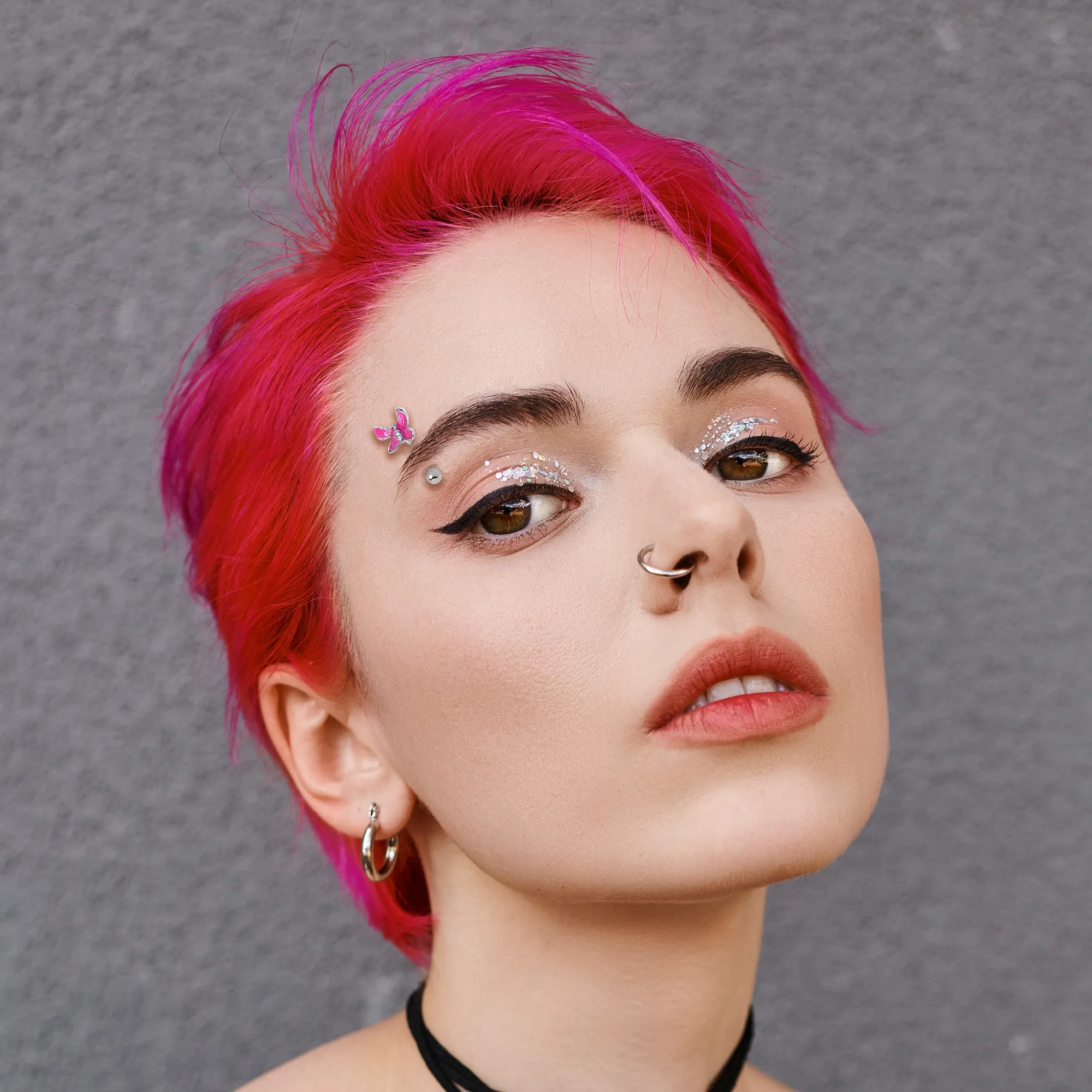 16 Gauge 5/16 Clear Gem Chunky Butterfly Pink Curved Eyebrow Ring