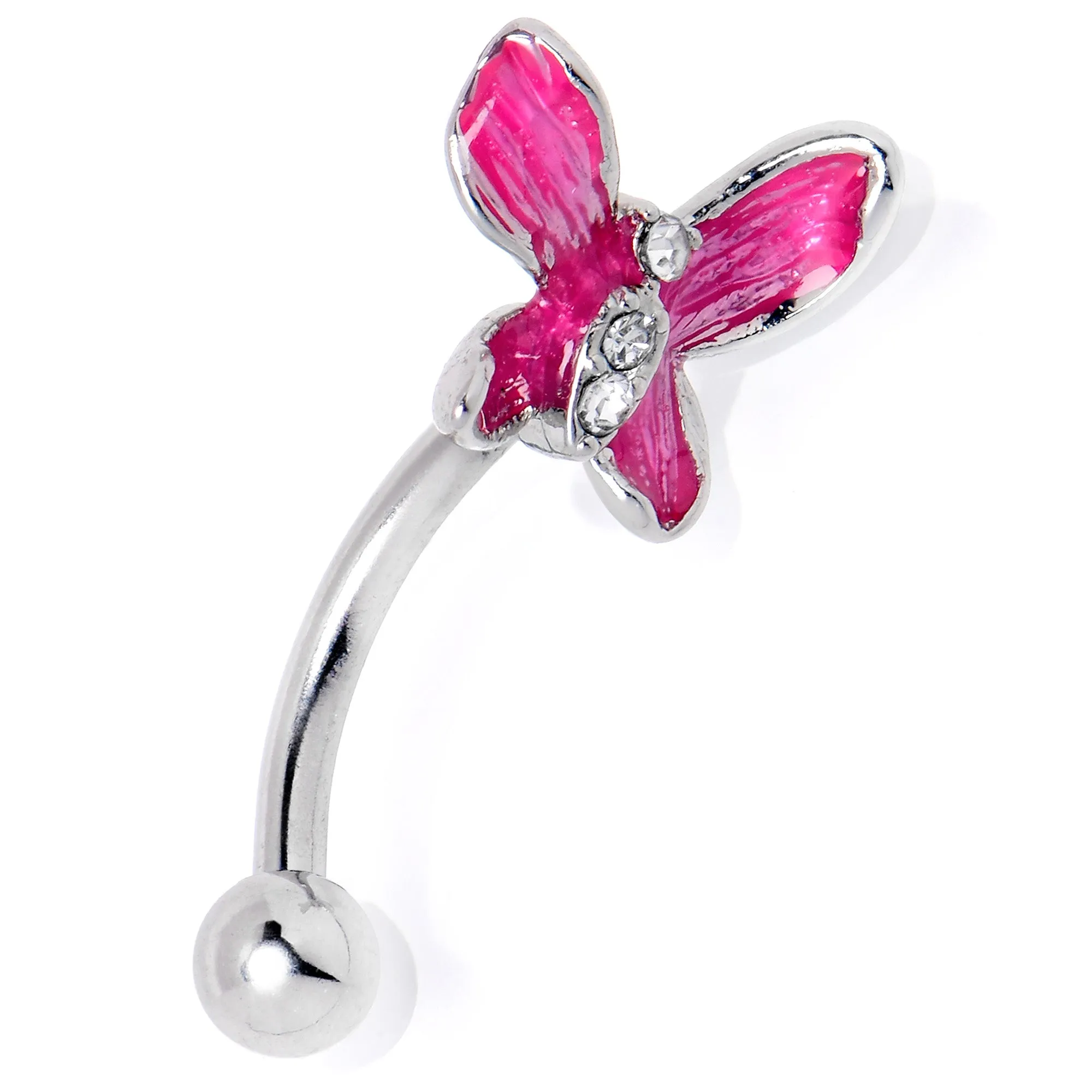 16 Gauge 5/16 Clear Gem Chunky Butterfly Pink Curved Eyebrow Ring