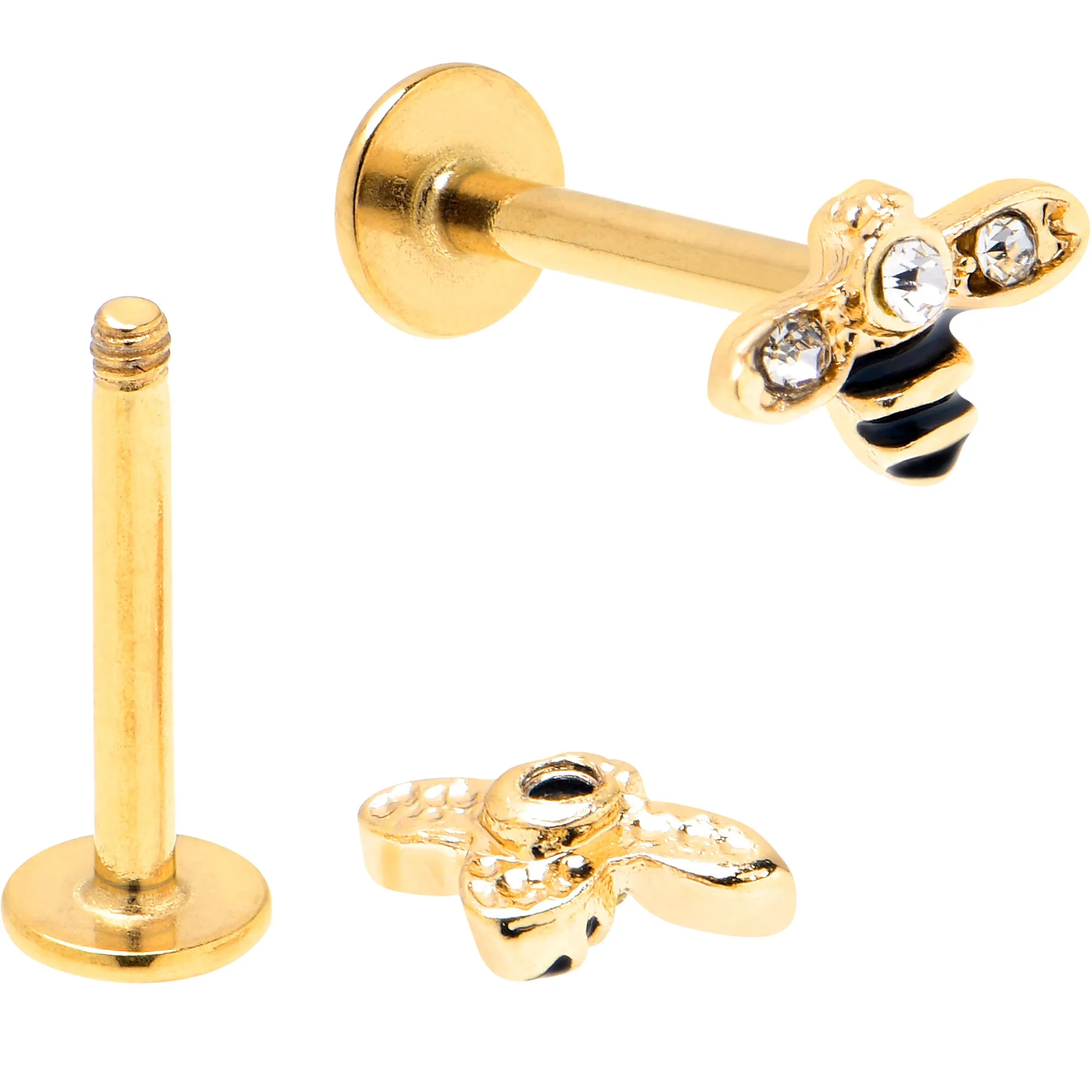 16 Gauge 5/16 Clear Gem Gold Tone Bee Honeycomb Black Labret Set of 4