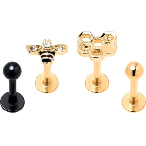 16 Gauge 5/16 Clear Gem Gold Tone Bee Honeycomb Black Labret Set of 4