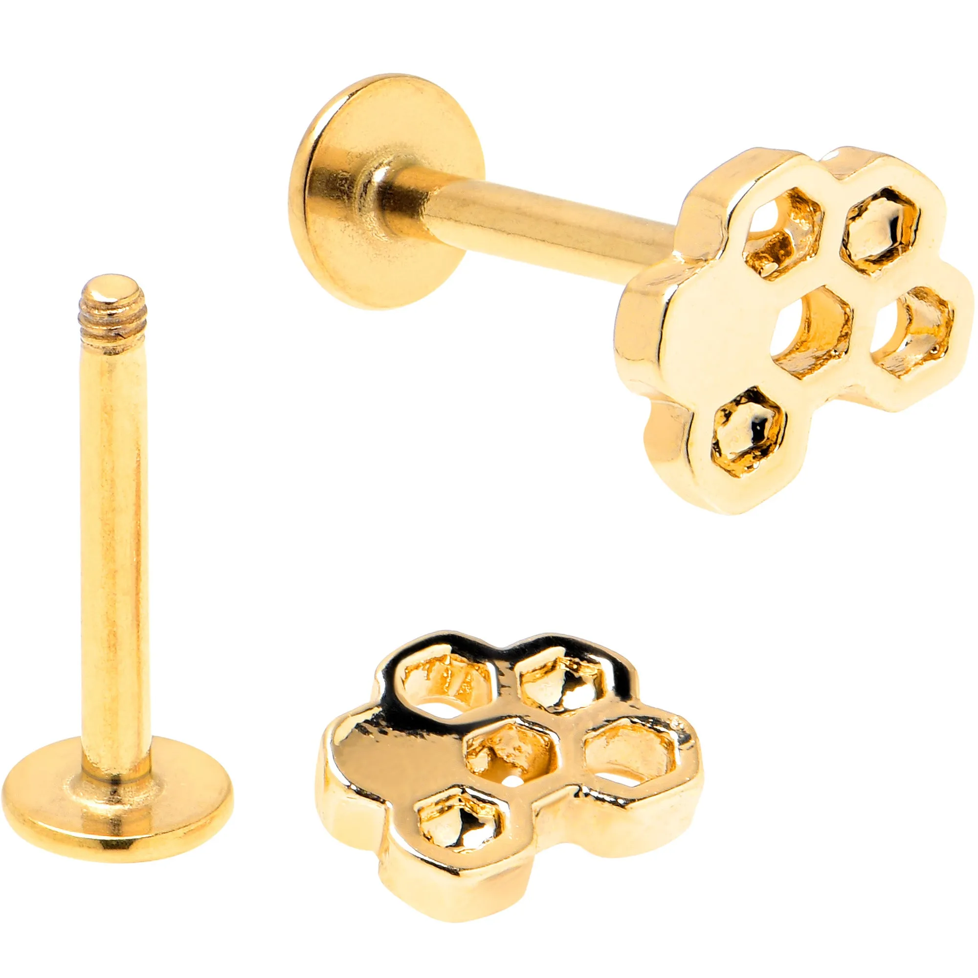 16 Gauge 5/16 Clear Gem Gold Tone Bee Honeycomb Black Labret Set of 4