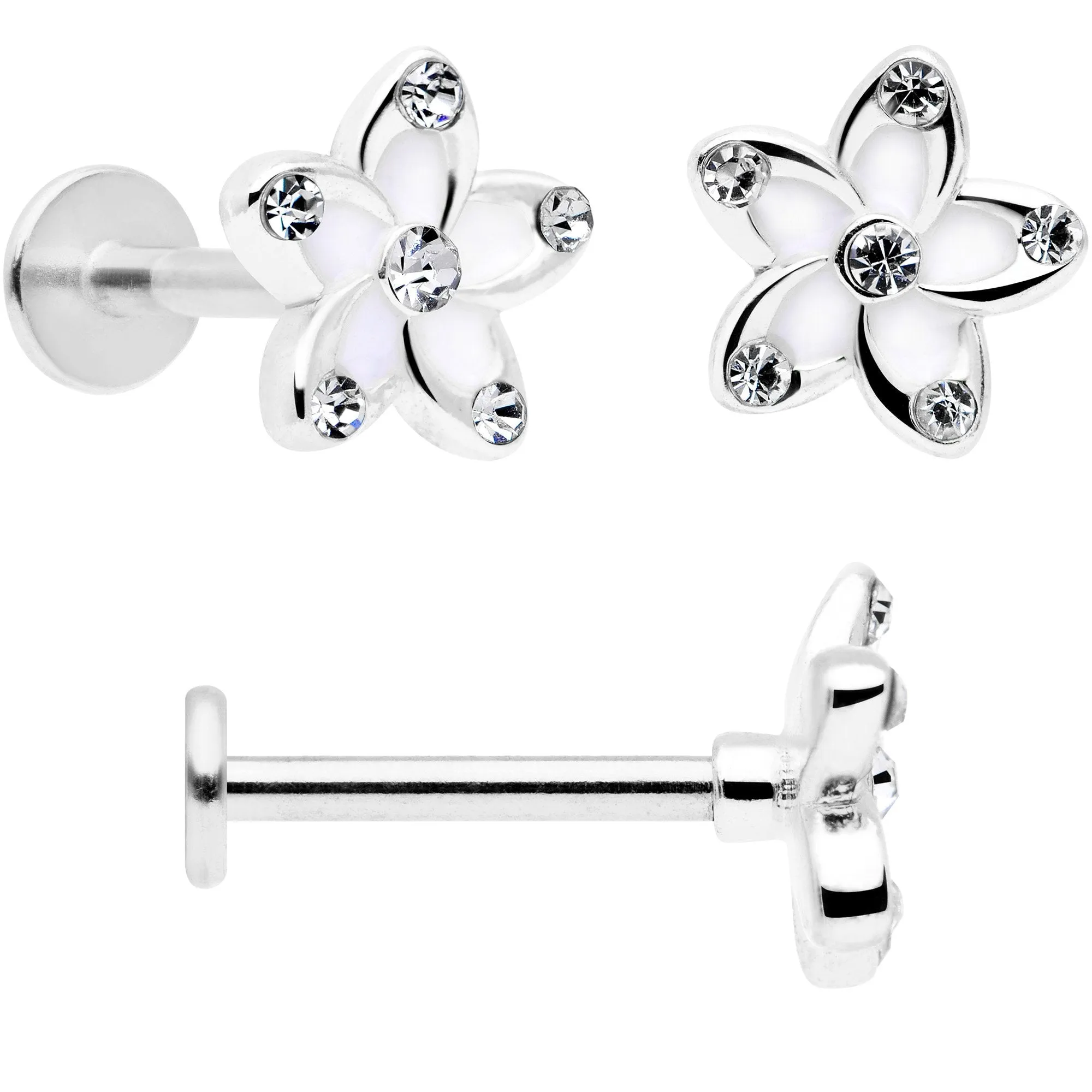 16 Gauge 5/16 Clear Gem White Flower Labret Set of 3