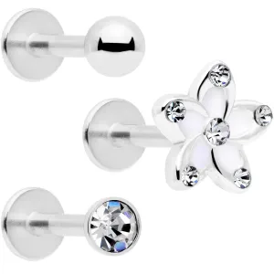 16 Gauge 5/16 Clear Gem White Flower Labret Set of 3