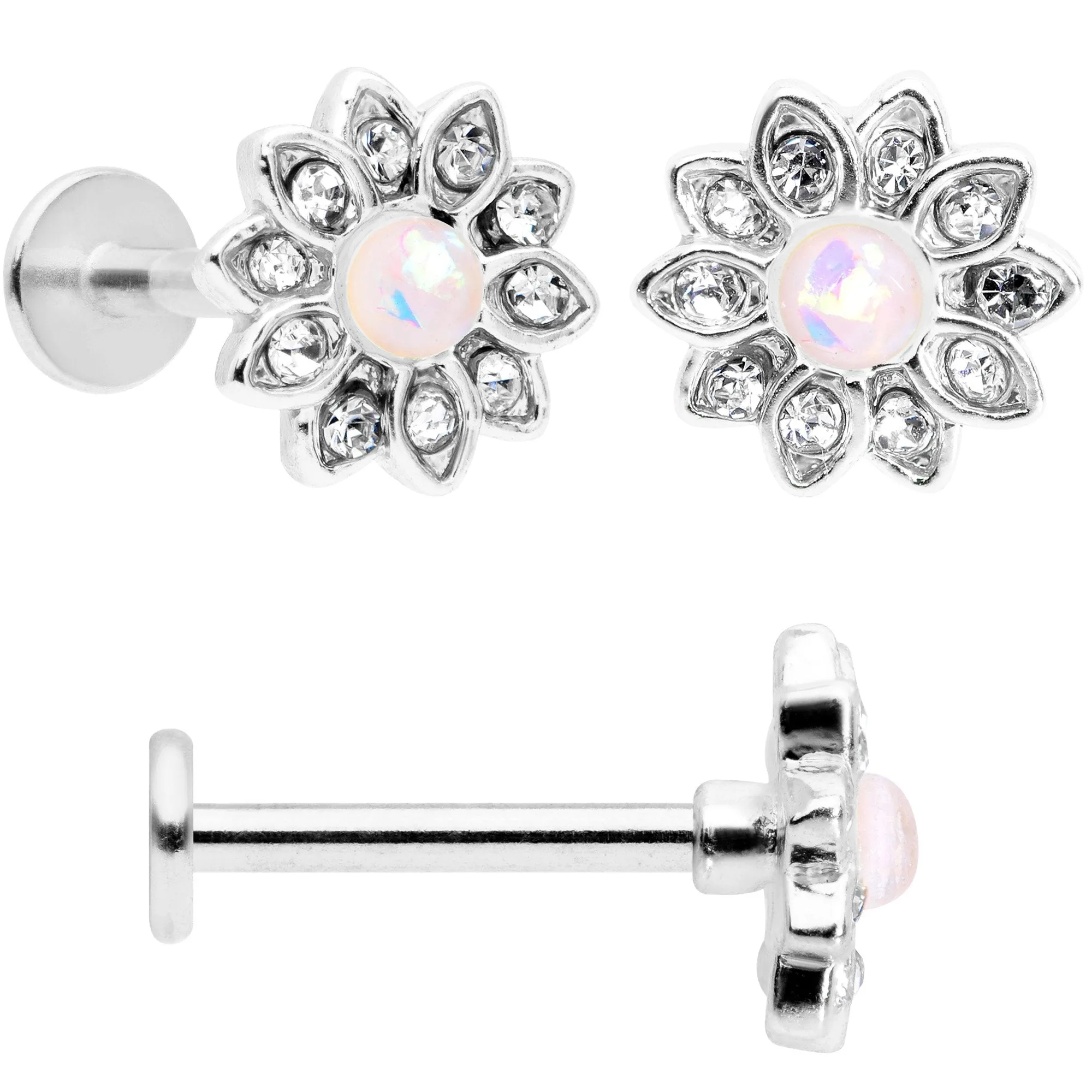 16 Gauge 5/16 White Faux Opal Flower Labret Set of 3