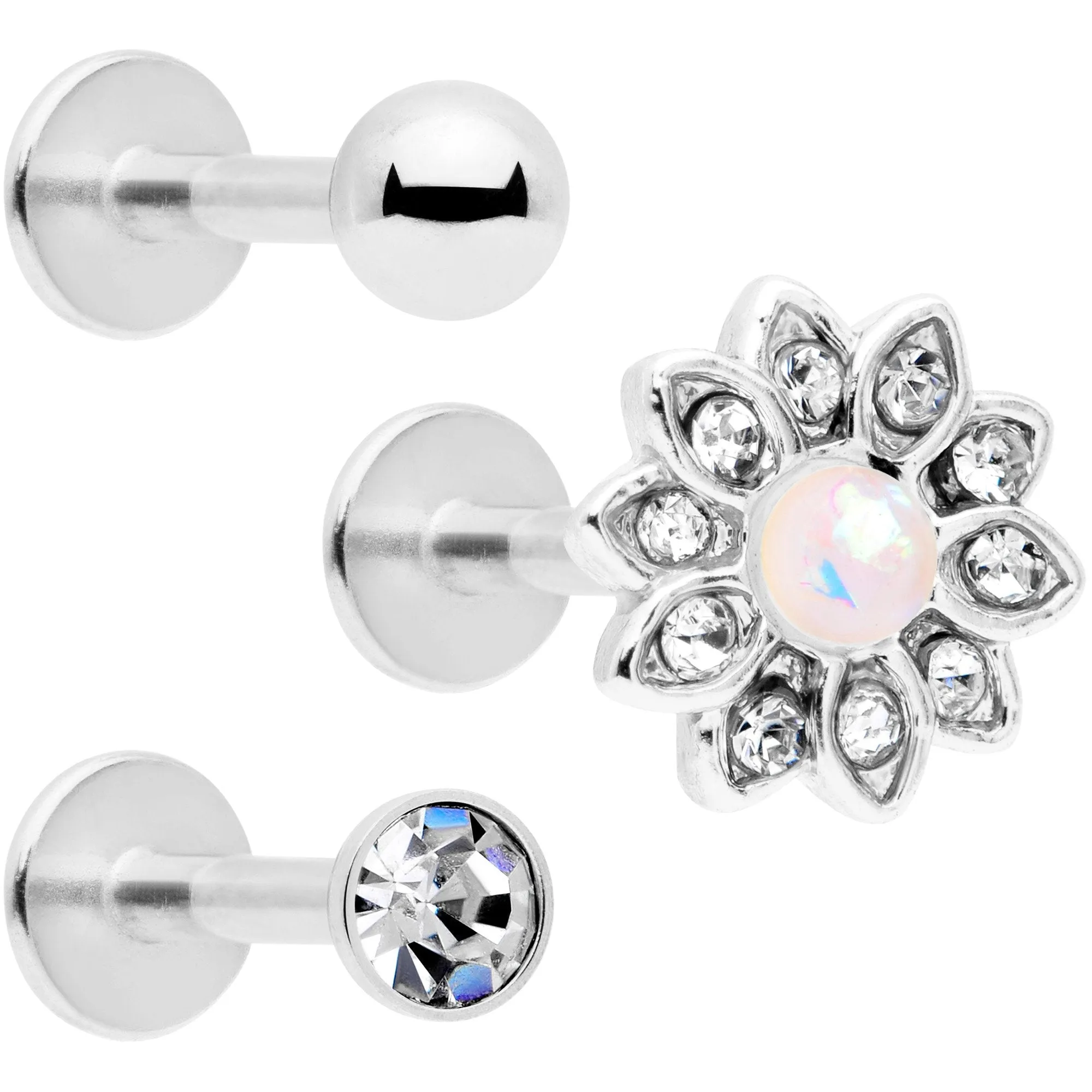 16 Gauge 5/16 White Faux Opal Flower Labret Set of 3