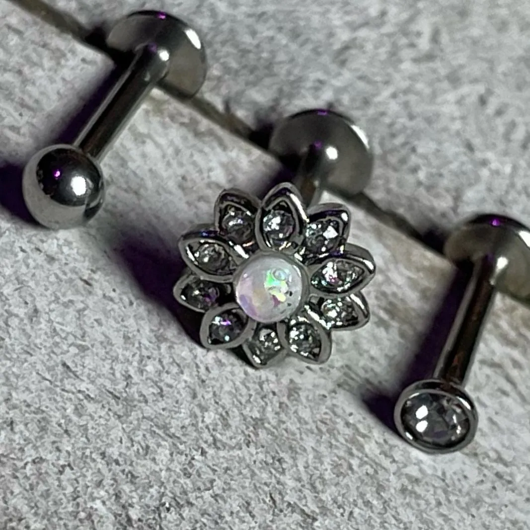 16 Gauge 5/16 White Faux Opal Flower Labret Set of 3