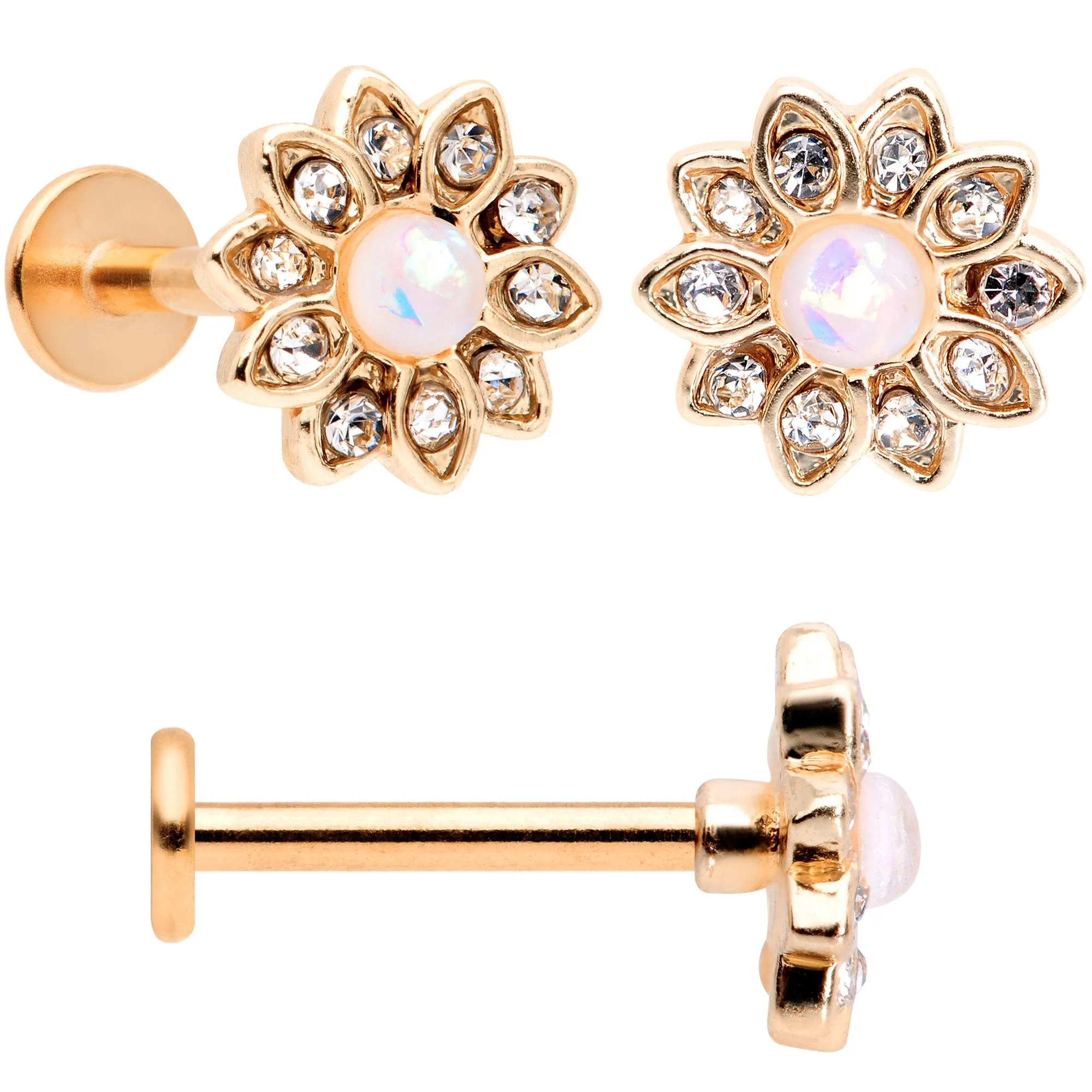 16 Gauge 5/16 White Faux Opal Rose Gold Tone Flower Labret Set of 3