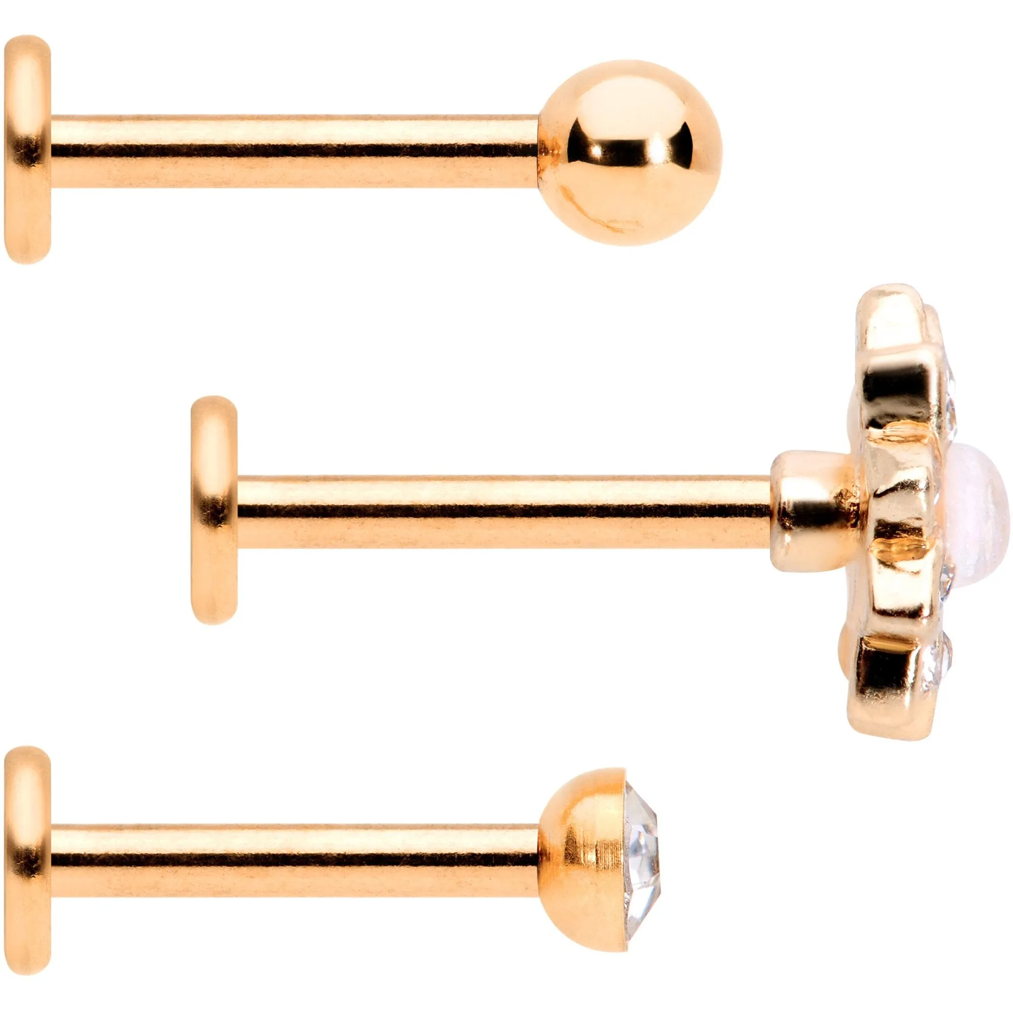 16 Gauge 5/16 White Faux Opal Rose Gold Tone Flower Labret Set of 3