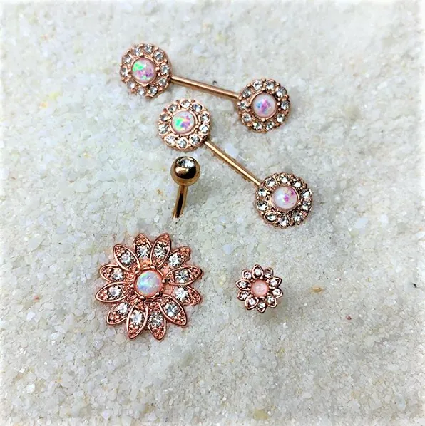 16 Gauge 5/16 White Faux Opal Rose Gold Tone Flower Labret Set of 3