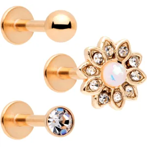 16 Gauge 5/16 White Faux Opal Rose Gold Tone Flower Labret Set of 3