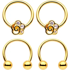 16 Gauge Clear Gem Gold Tone Flower Horseshoe Captive Ring Nipple Set