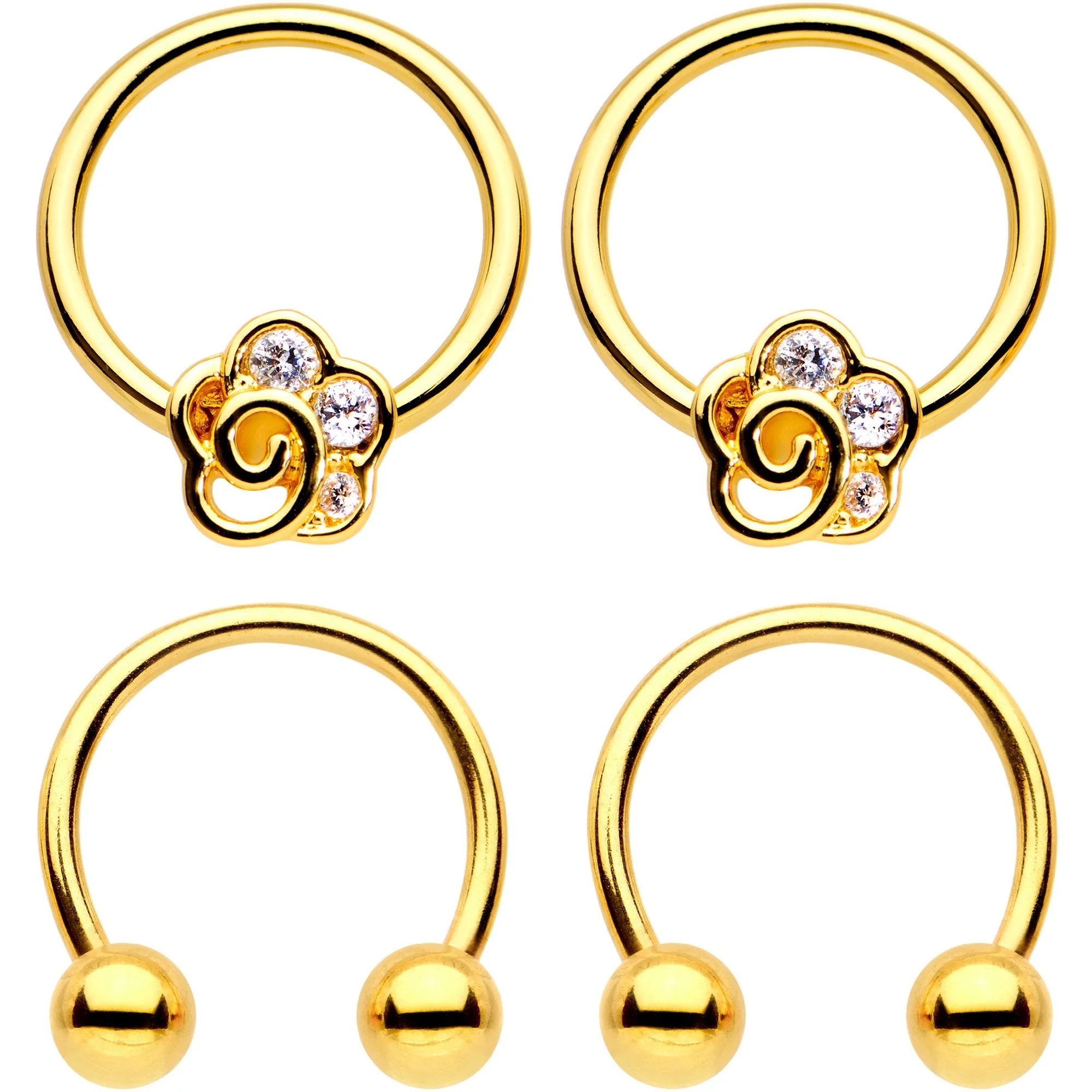 16 Gauge Clear Gem Gold Tone Flower Horseshoe Captive Ring Nipple Set