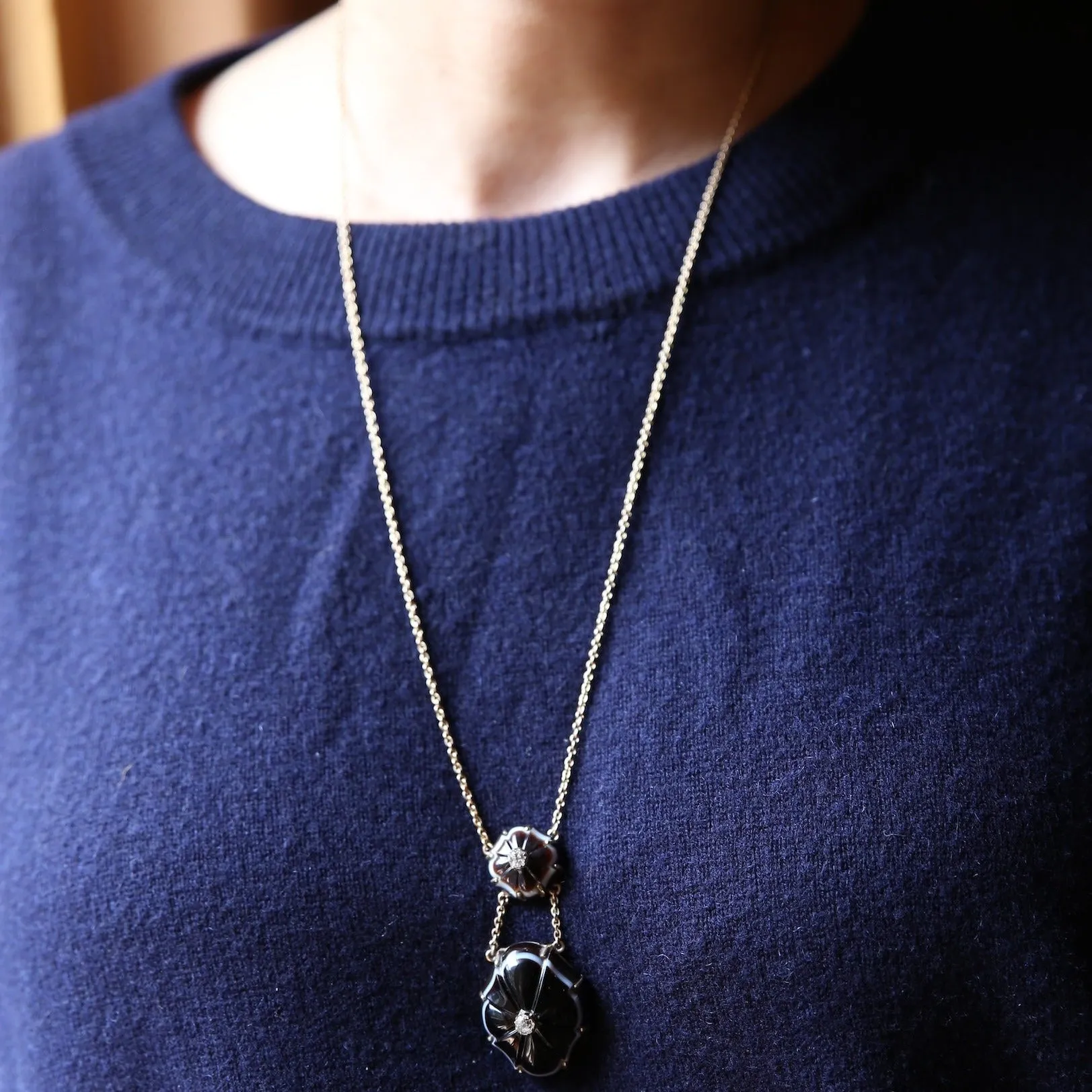 18k Gold Diamond and Banded Agate Necklace