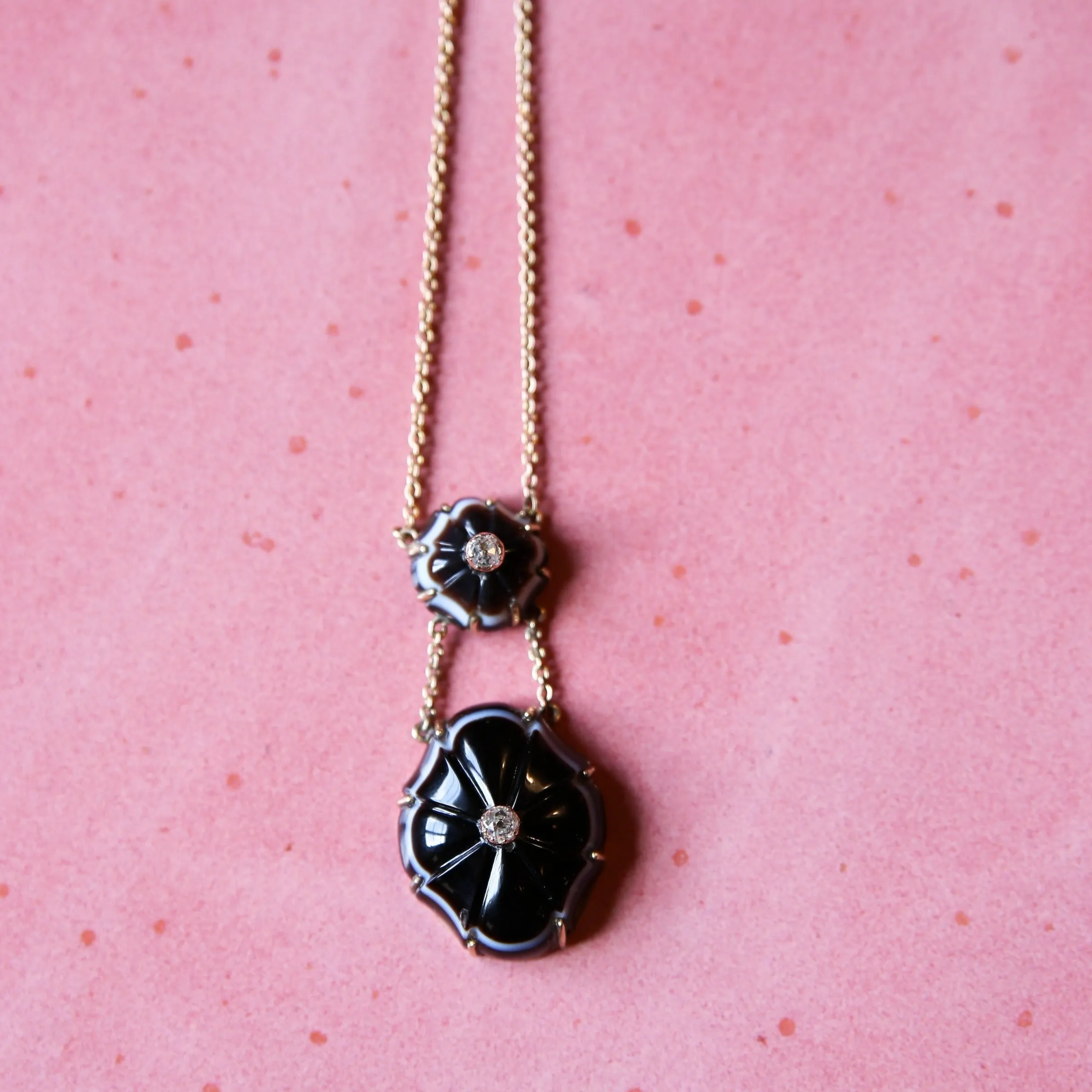 18k Gold Diamond and Banded Agate Necklace