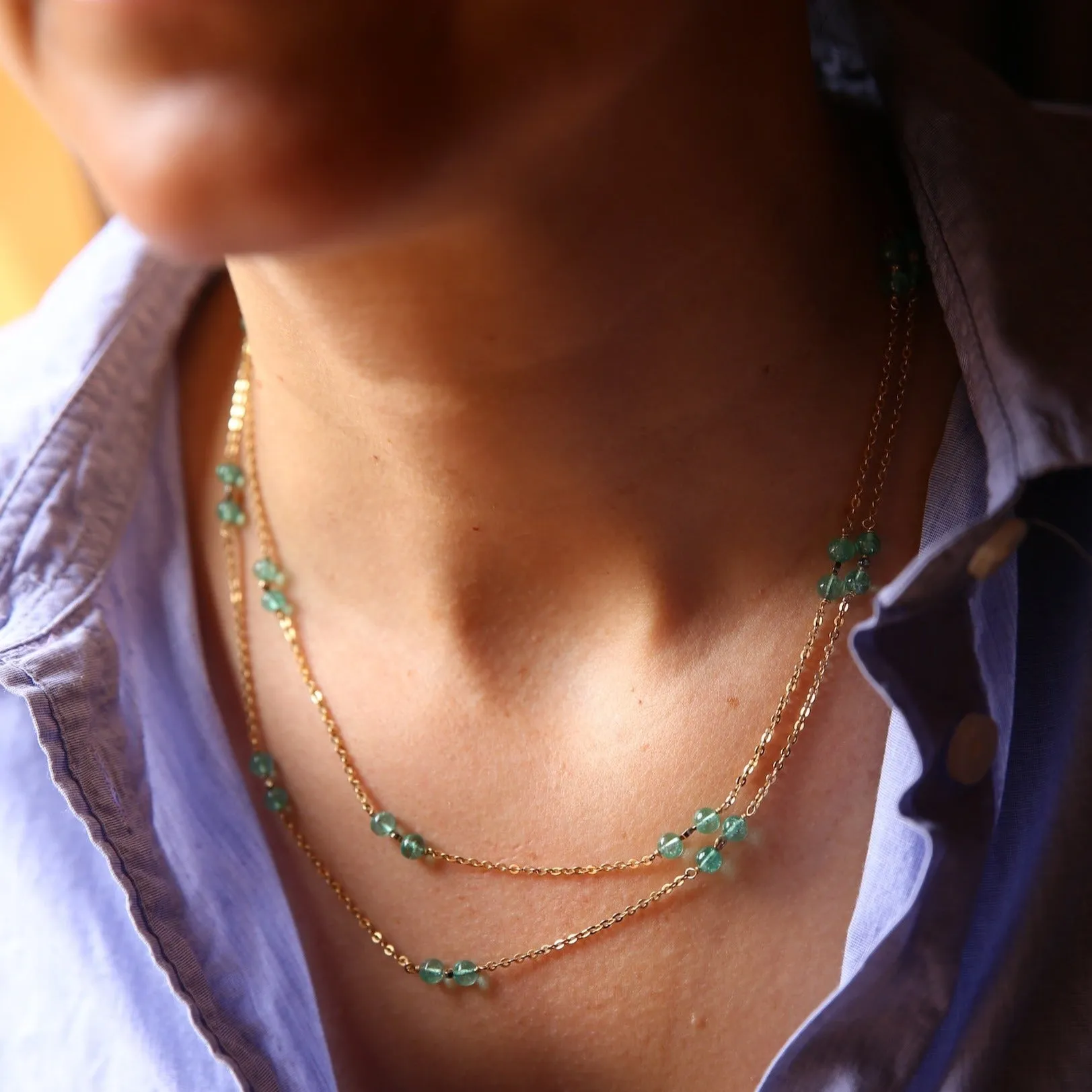 18k Gold, Diamond, and Emerald Bead Necklace (36 inches)
