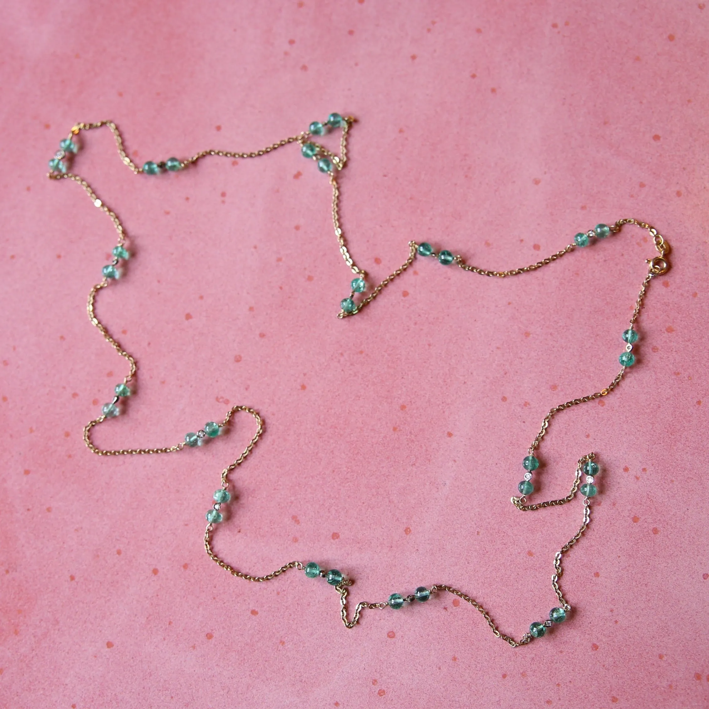 18k Gold, Diamond, and Emerald Bead Necklace (36 inches)