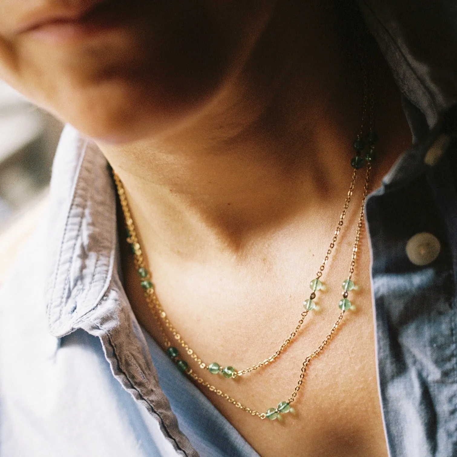 18k Gold, Diamond, and Emerald Bead Necklace (36 inches)