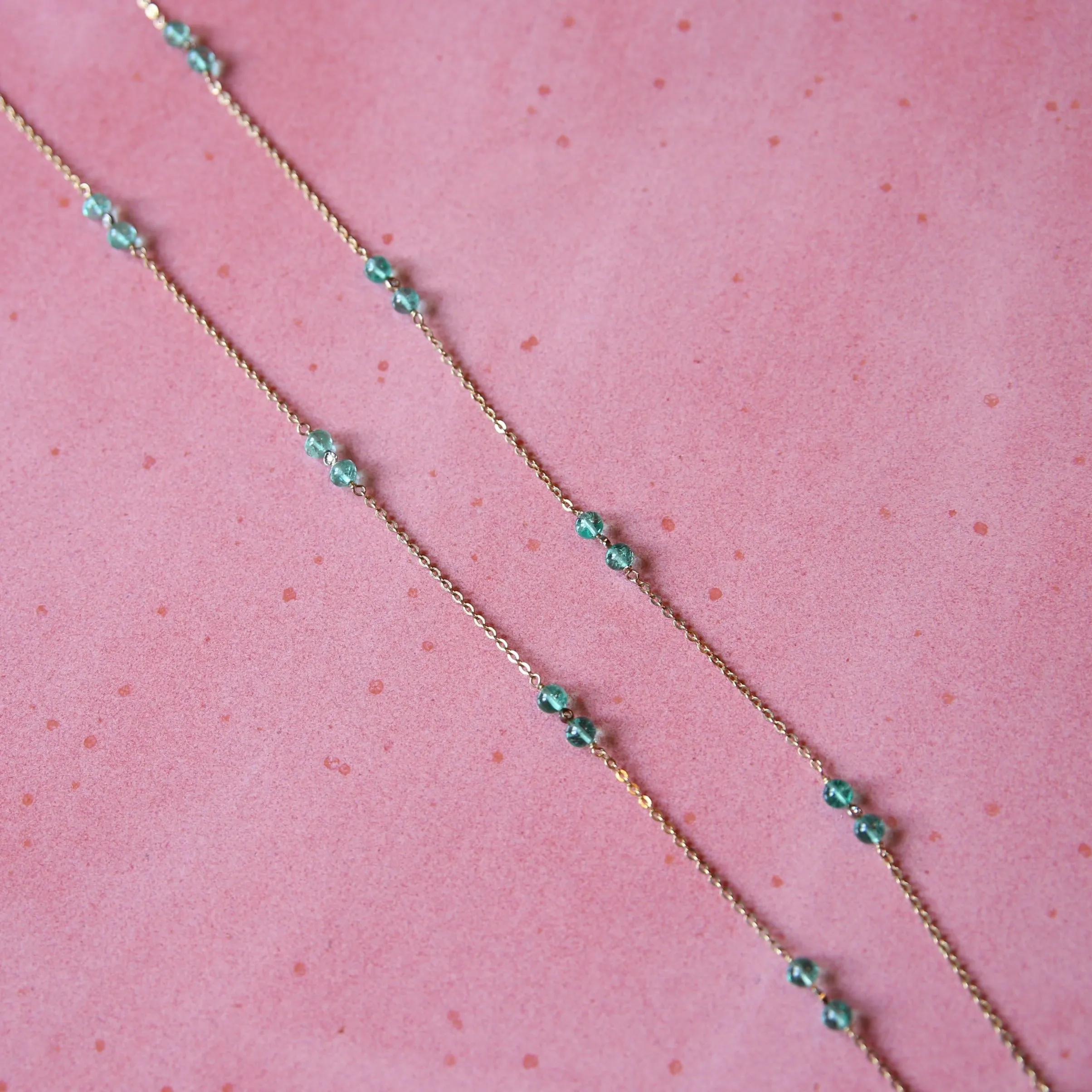 18k Gold, Diamond, and Emerald Bead Necklace (36 inches)