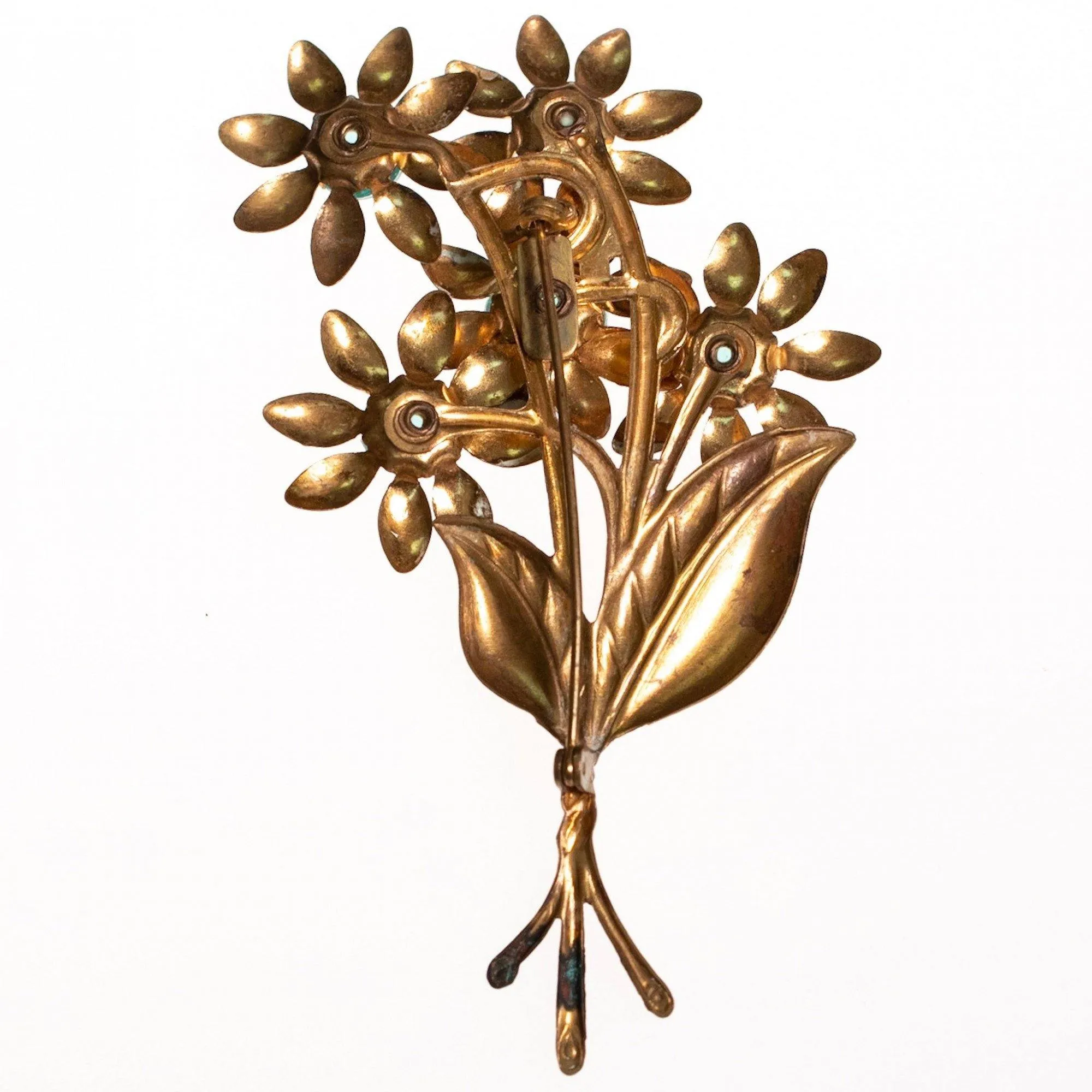 1940s Brass Flower Brooch With Aqua Lucite Crystals