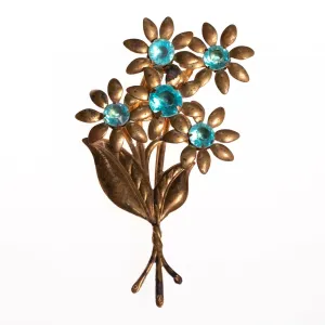 1940s Brass Flower Brooch With Aqua Lucite Crystals