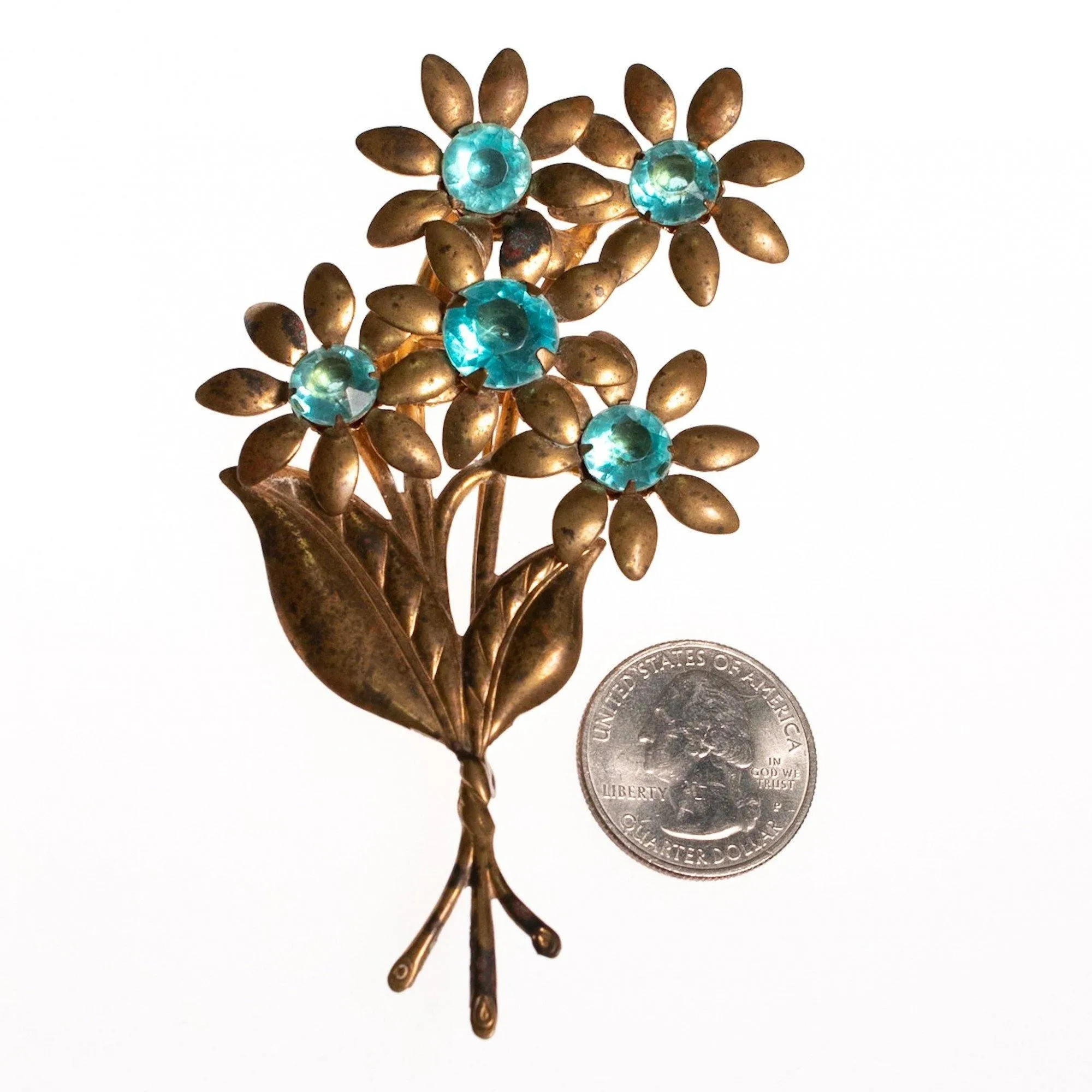 1940s Brass Flower Brooch With Aqua Lucite Crystals