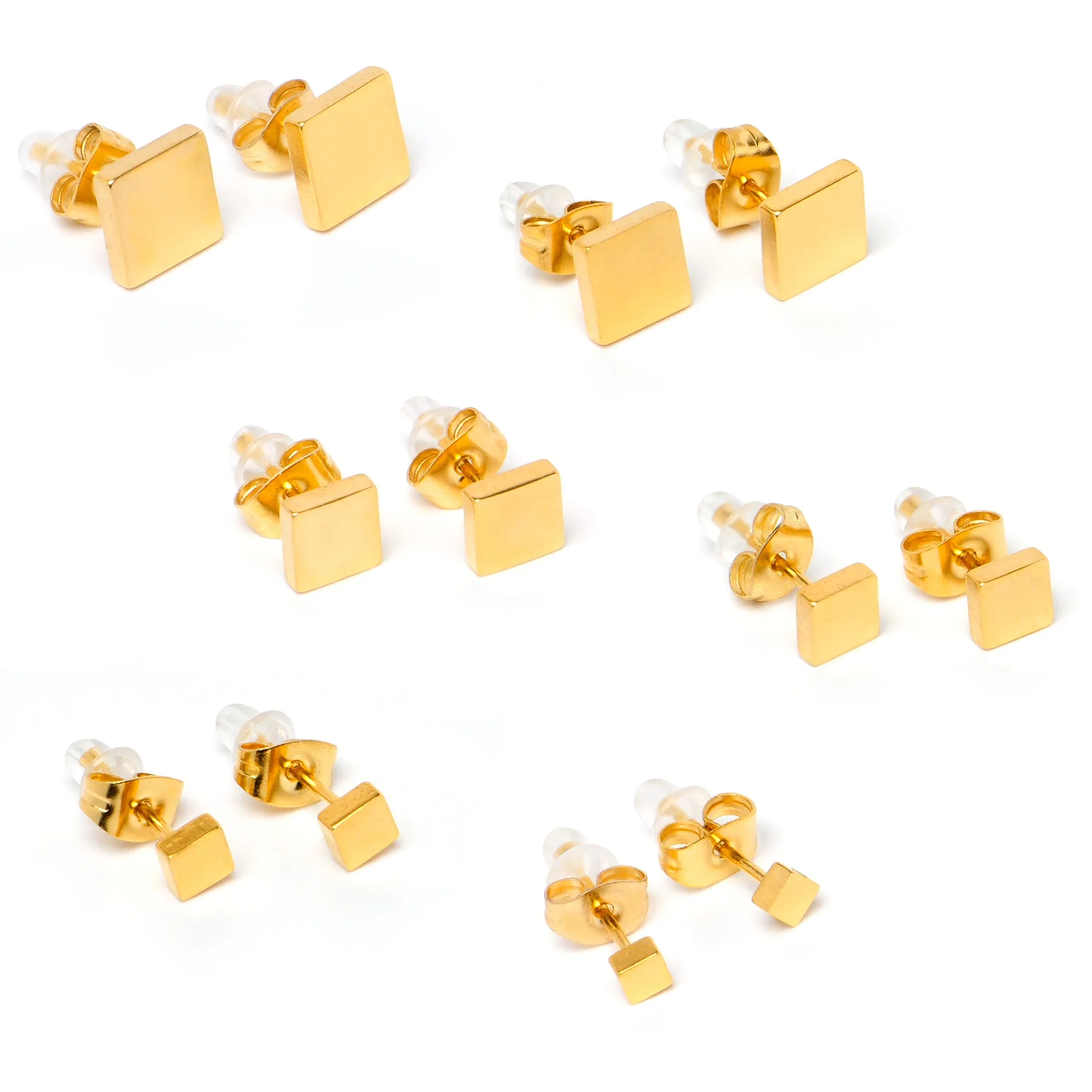 3mm-8mm Square Stud Gold Tone 316L Stainless Steel Earrings 6 Pack