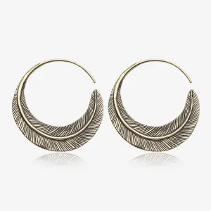 A Pair of Mystic Feather Loop Golden Brass Plug Hoop Earring