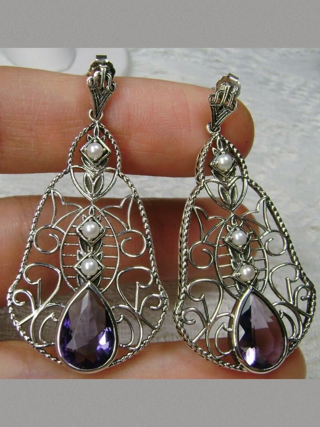 Amethyst & Pearl Lavalier Earrings, Victorian Jewelry E22