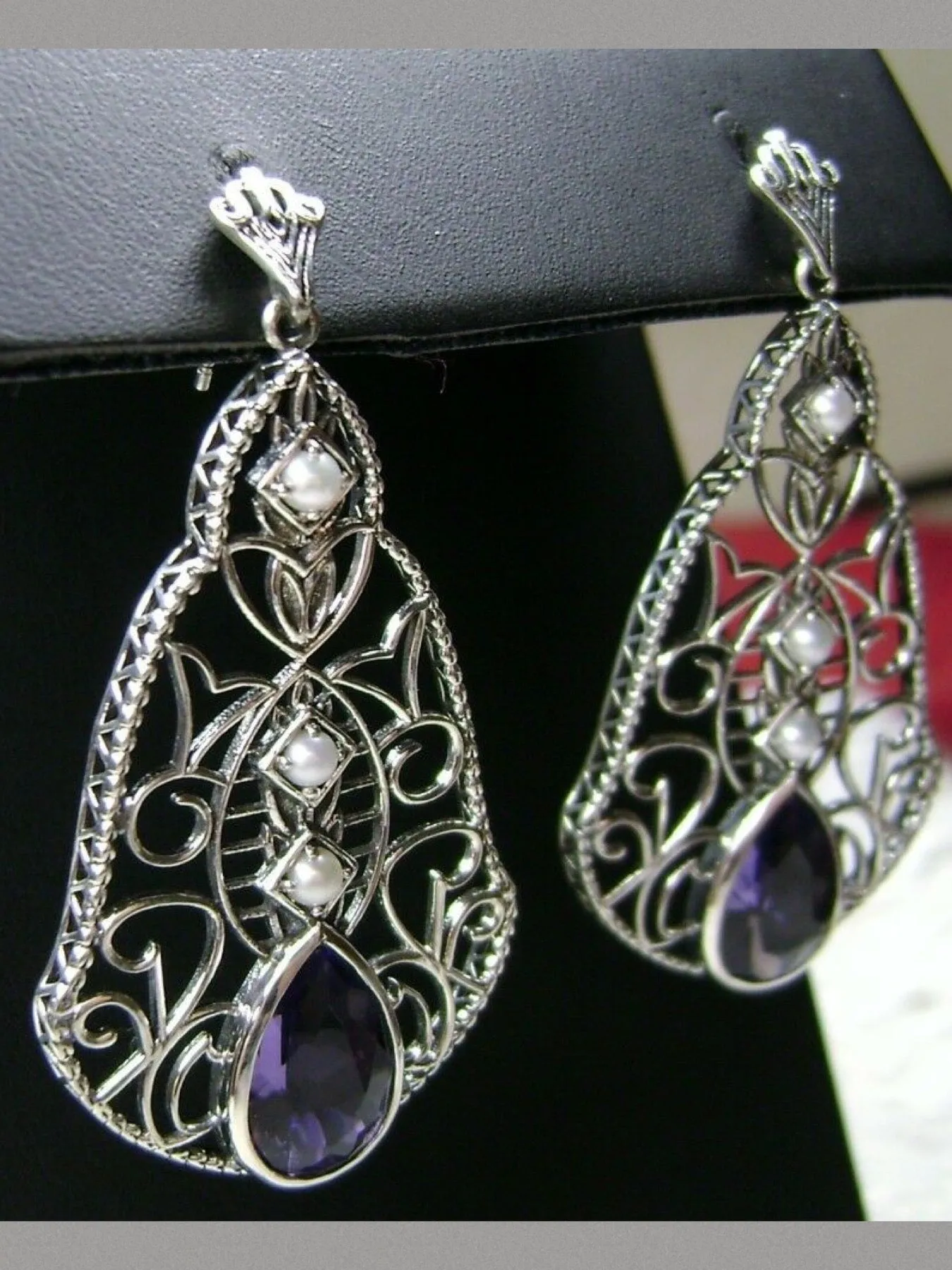 Amethyst & Pearl Lavalier Earrings, Victorian Jewelry E22