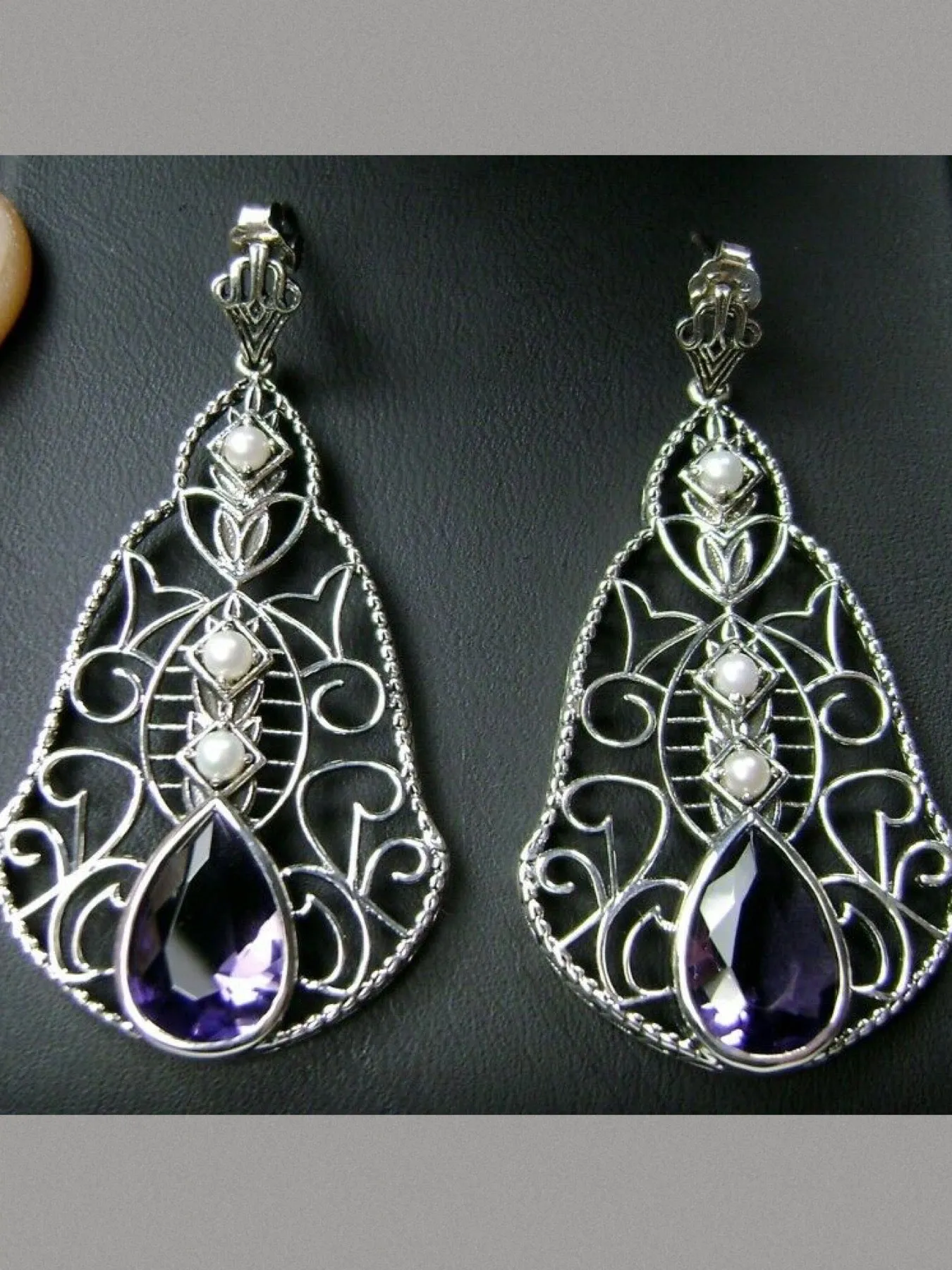 Amethyst & Pearl Lavalier Earrings, Victorian Jewelry E22