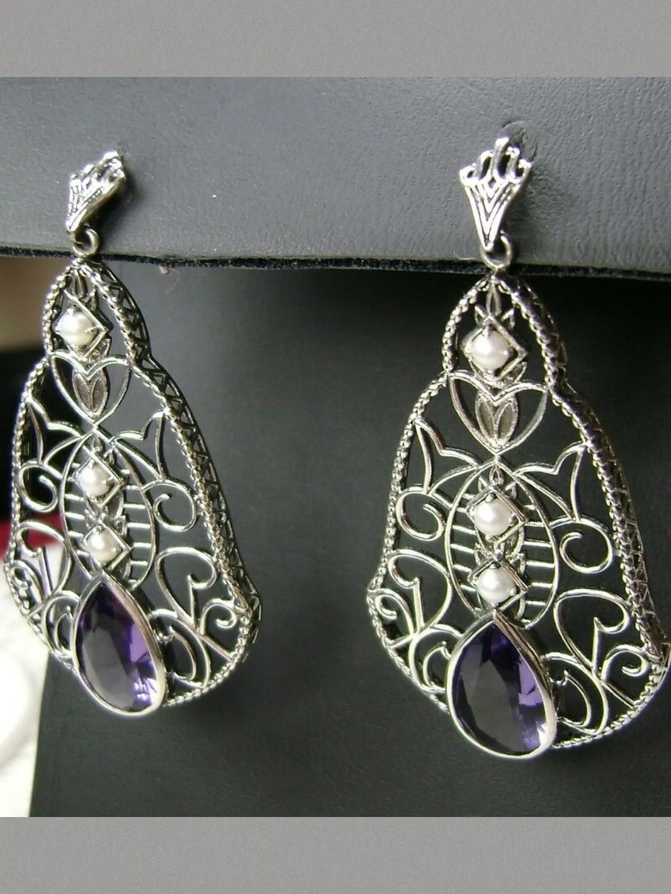 Amethyst & Pearl Lavalier Earrings, Victorian Jewelry E22