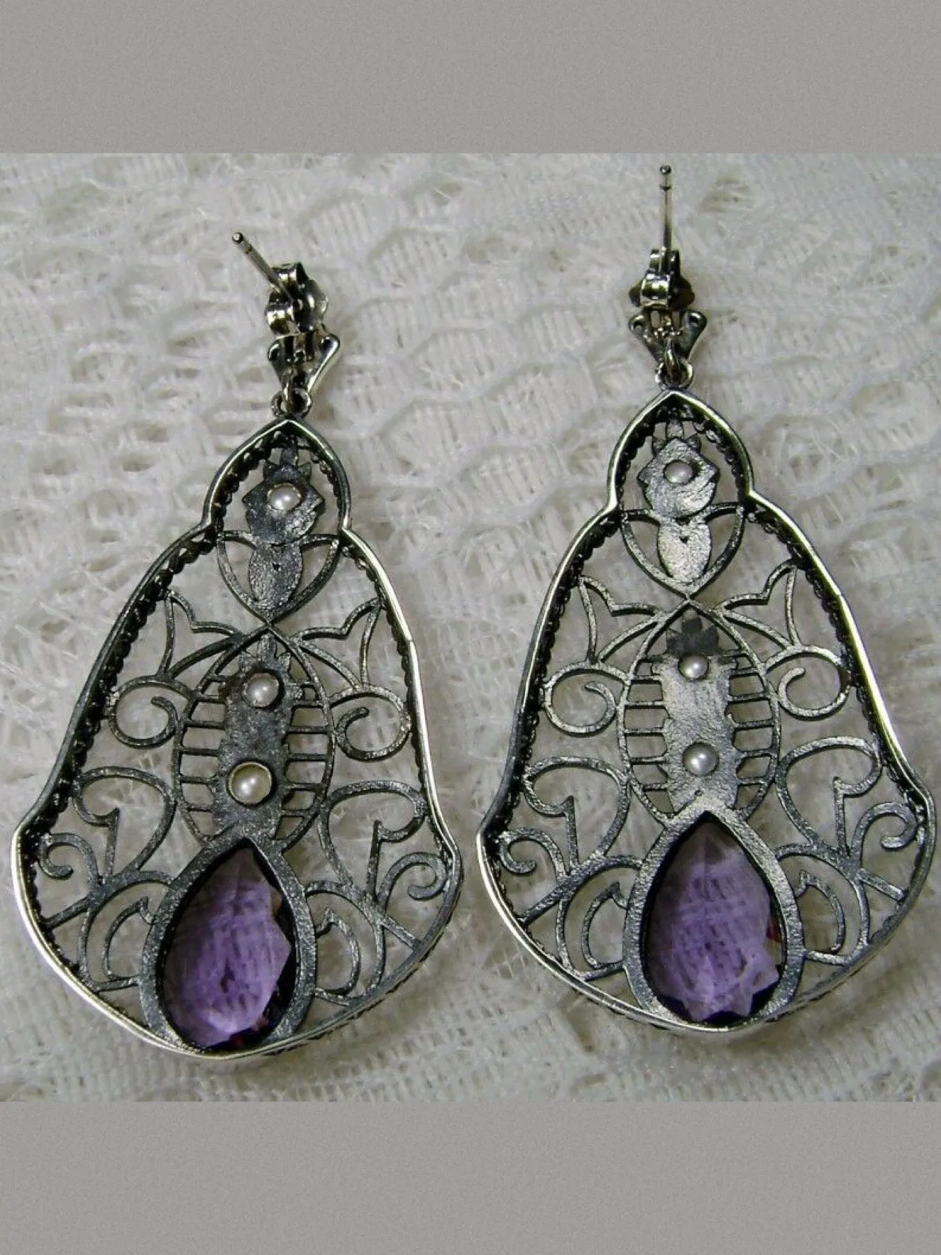 Amethyst & Pearl Lavalier Earrings, Victorian Jewelry E22