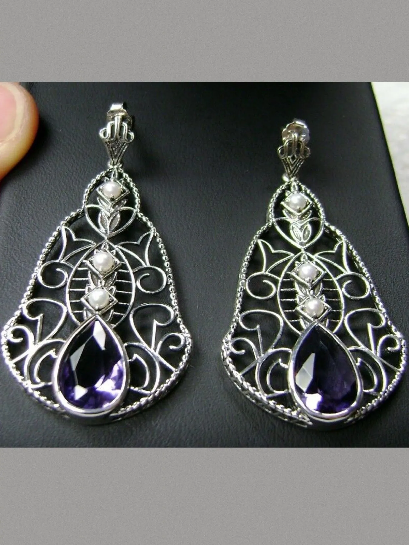 Amethyst & Pearl Lavalier Earrings, Victorian Jewelry E22